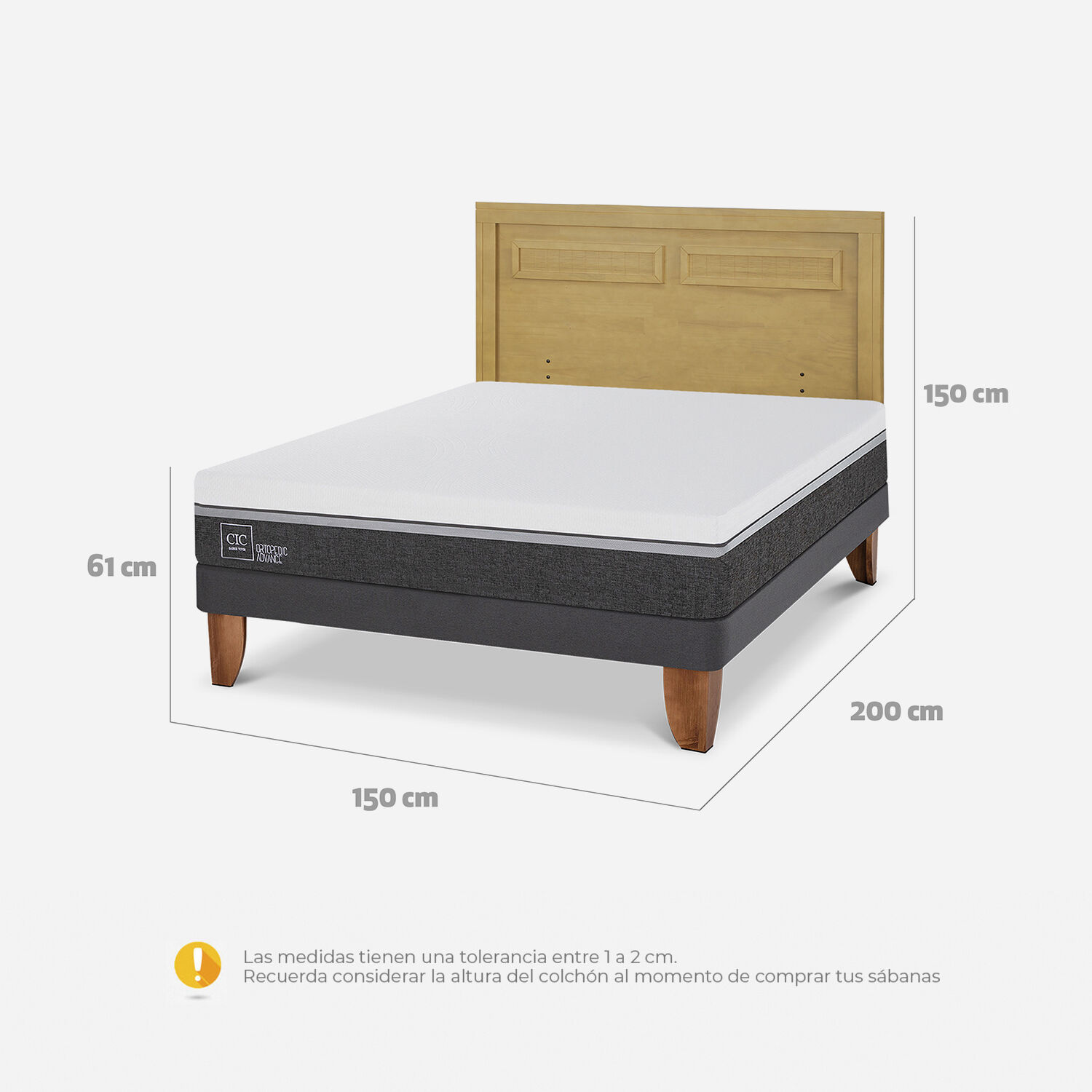 Cama Europea 2 Plazas Ortopedic Advance Base Normal + Respaldo Milán Mostaza