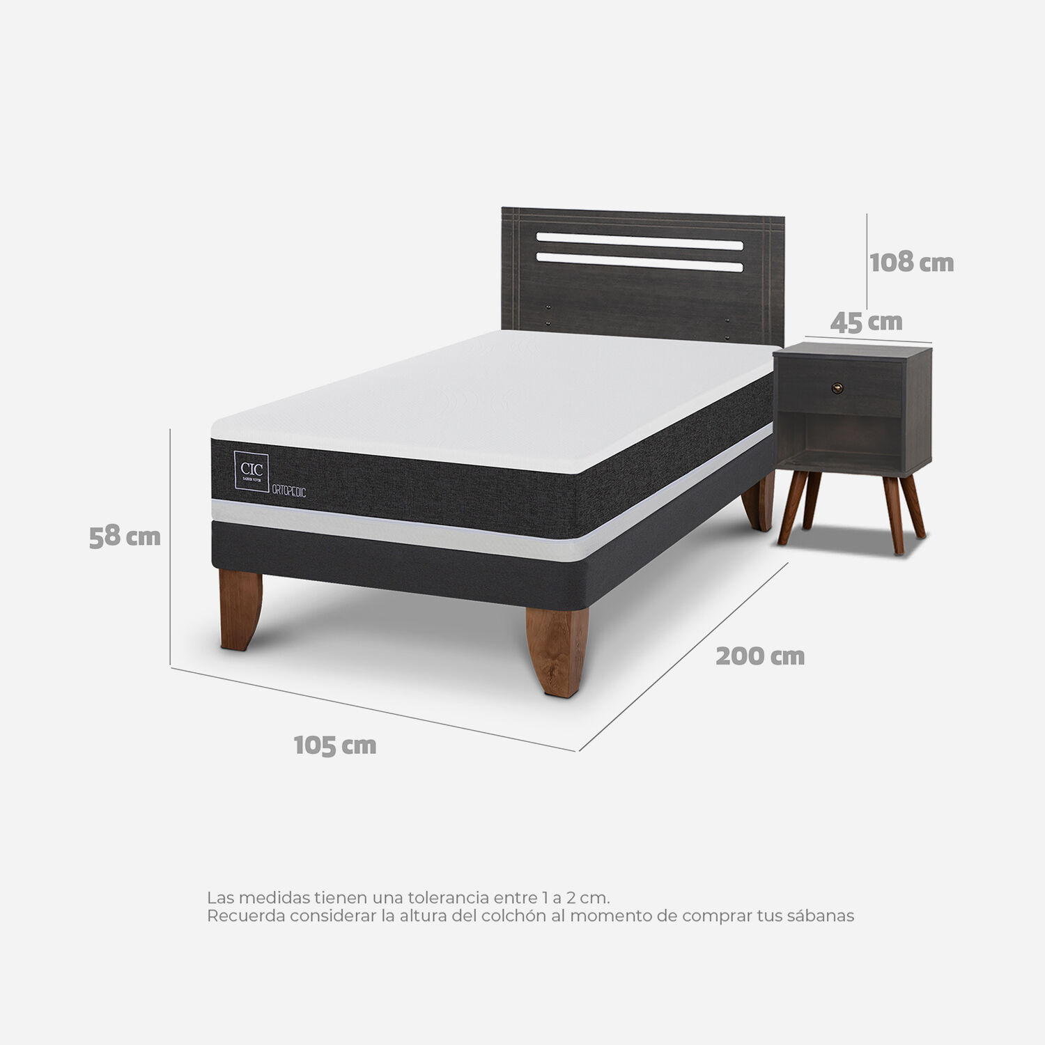 Cama Europea 1.5 Plazas Ortopedic Set Múnich Gris