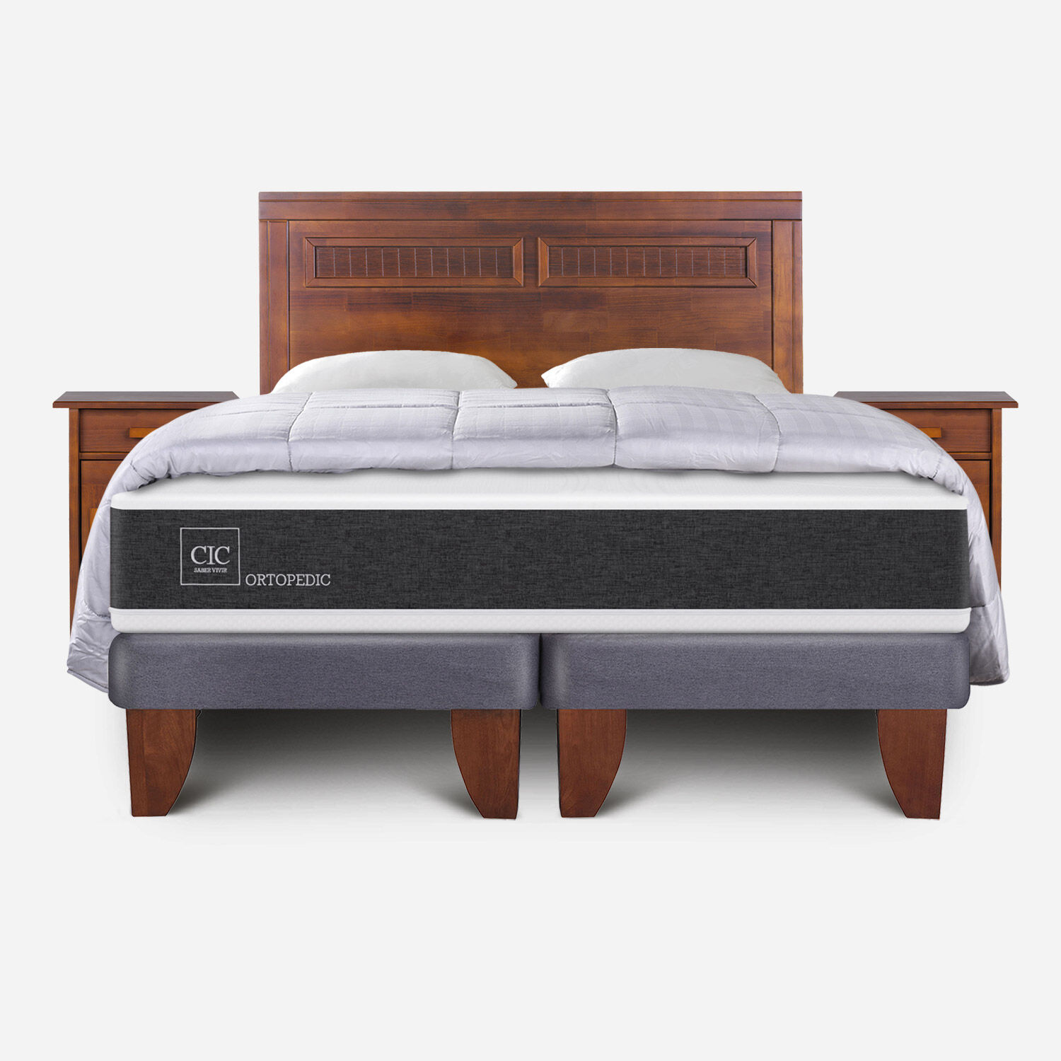 Cama Europea King Ortopedic + Set Milán + Almohadas + Plumón Plumas