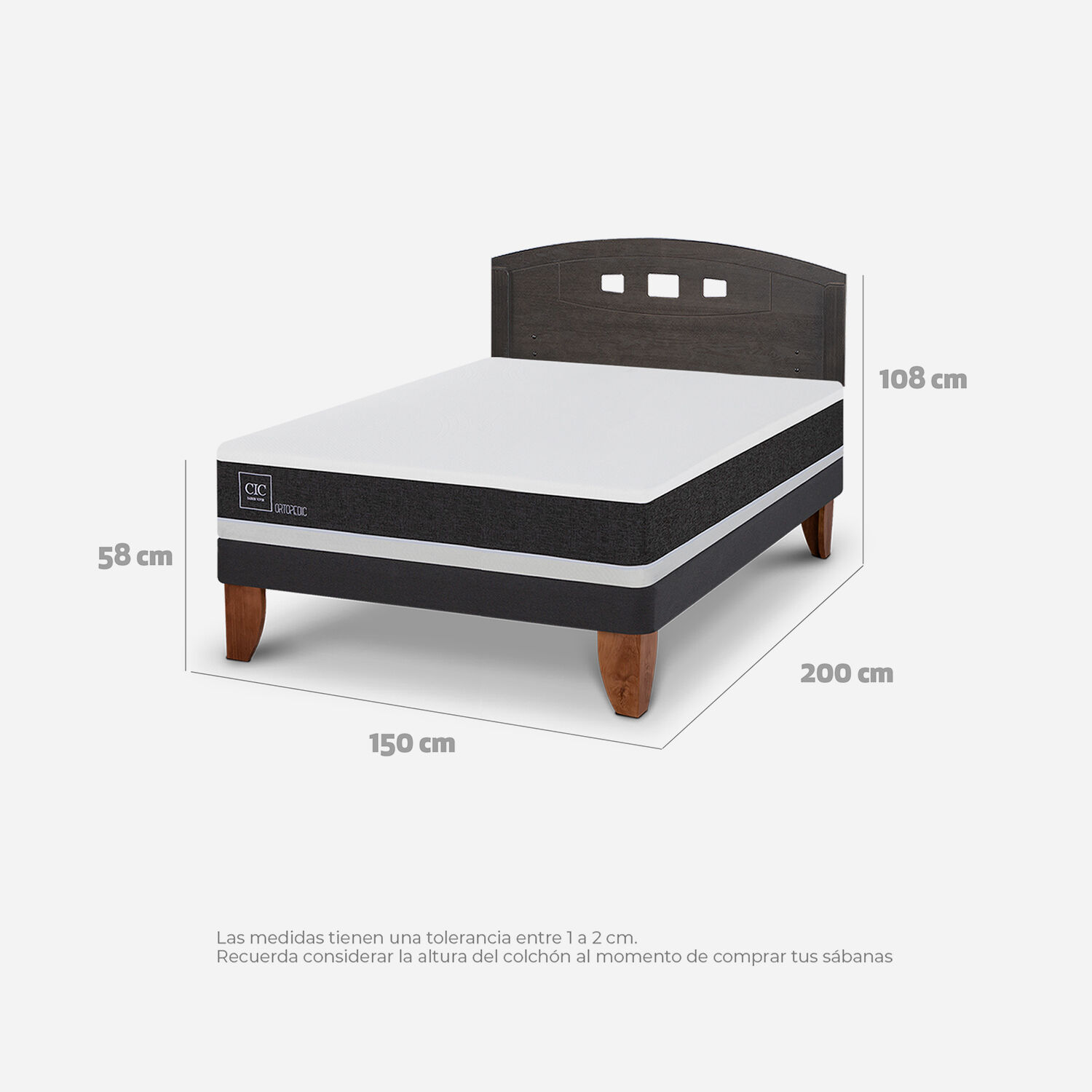 Cama Europea 2 Plazas Ortopedic Base Normal + Respaldo Gales Gris