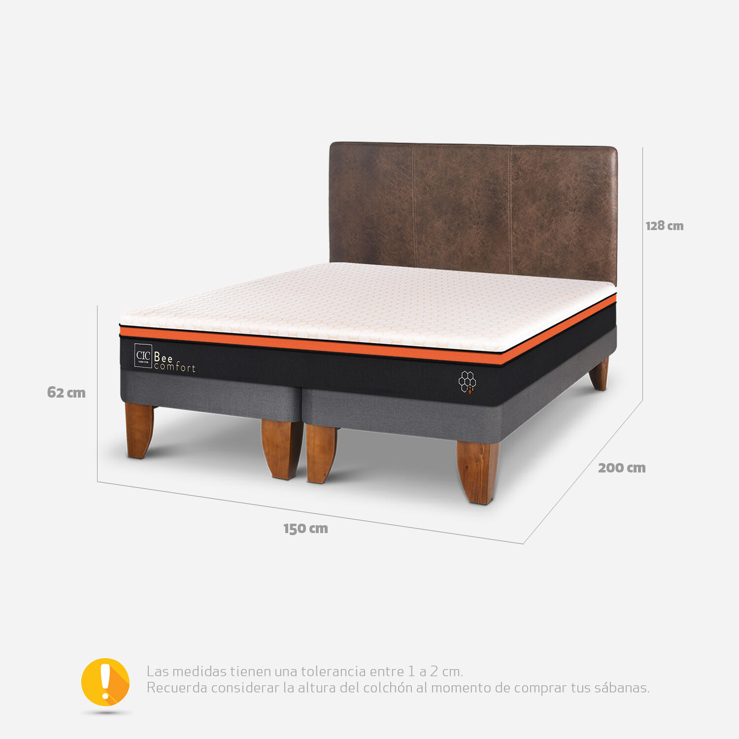 Cama Europea 2 Plazas Bee Comfort Base Dividida + Respaldo Antique