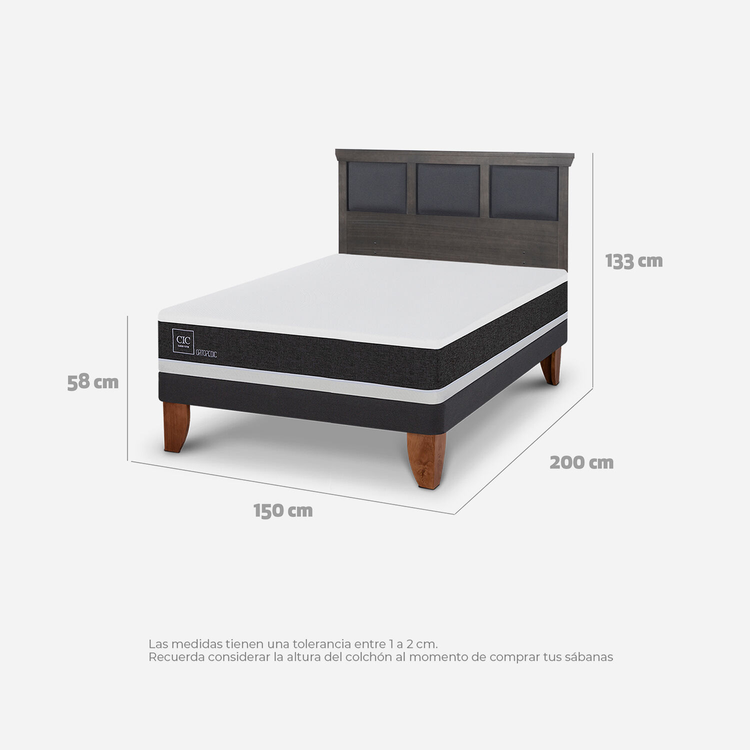Cama Europea 2 Plazas Ortopedic Base Normal + RespaldoTorino Gris