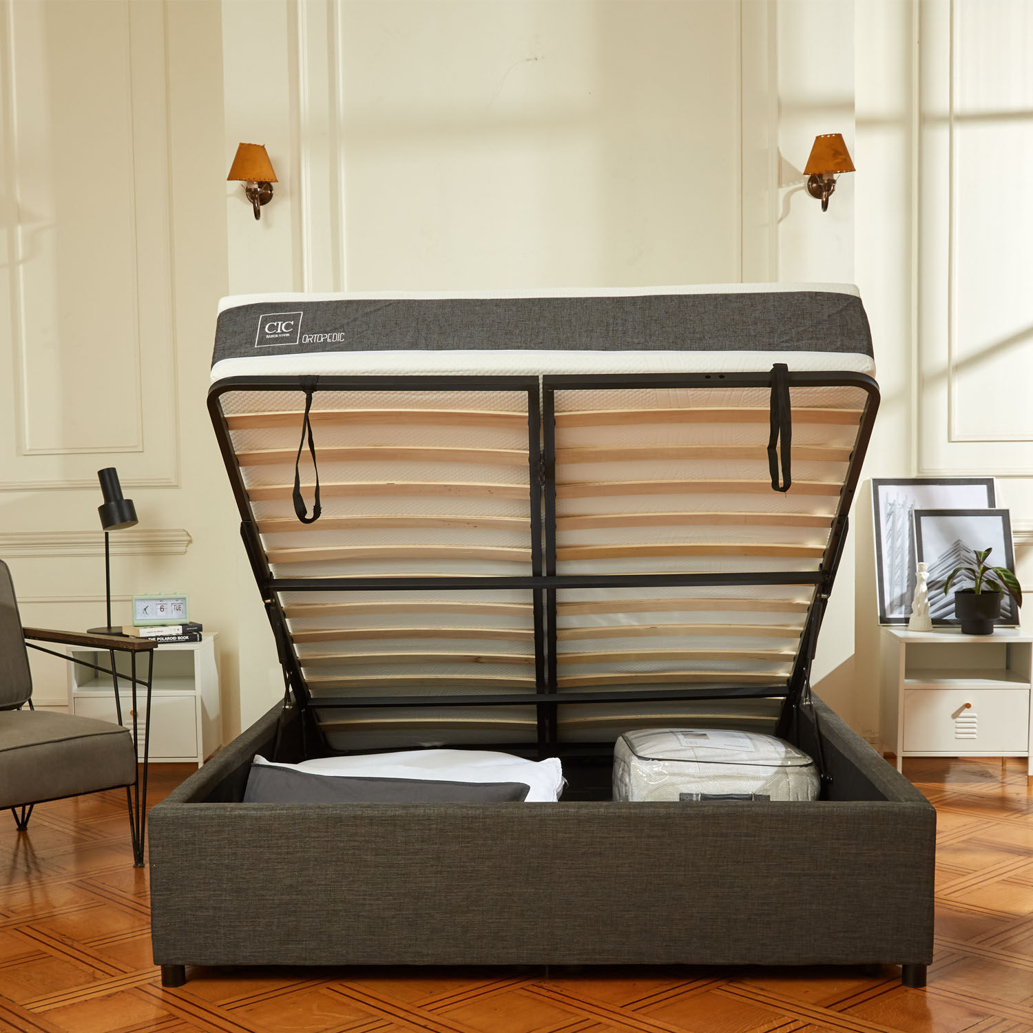 Cama Space Box 2 Plazas Ortopedic + Velador Torino Caramel