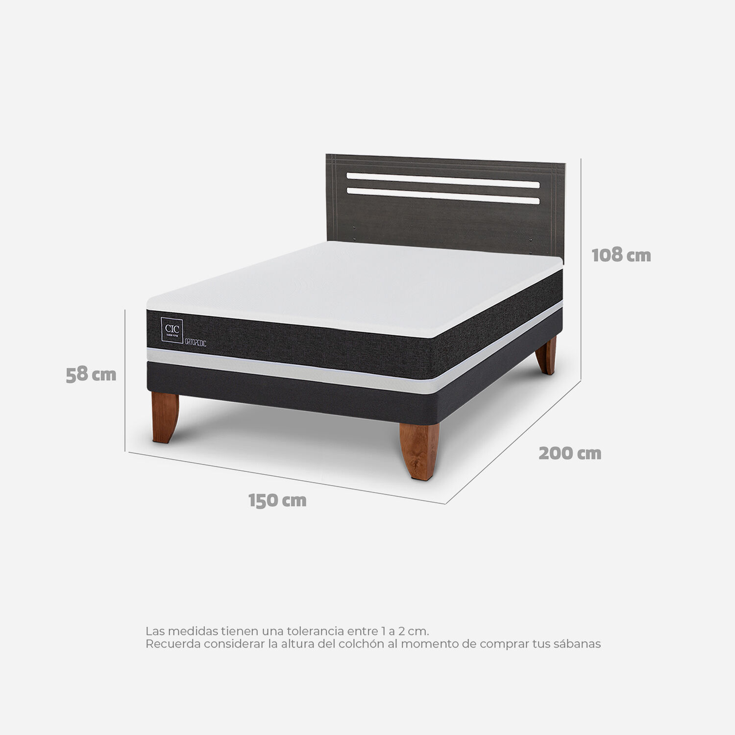 Cama Europea 2 Plazas Ortopedic Base Normal + Respaldo M&uacute;nich Gris