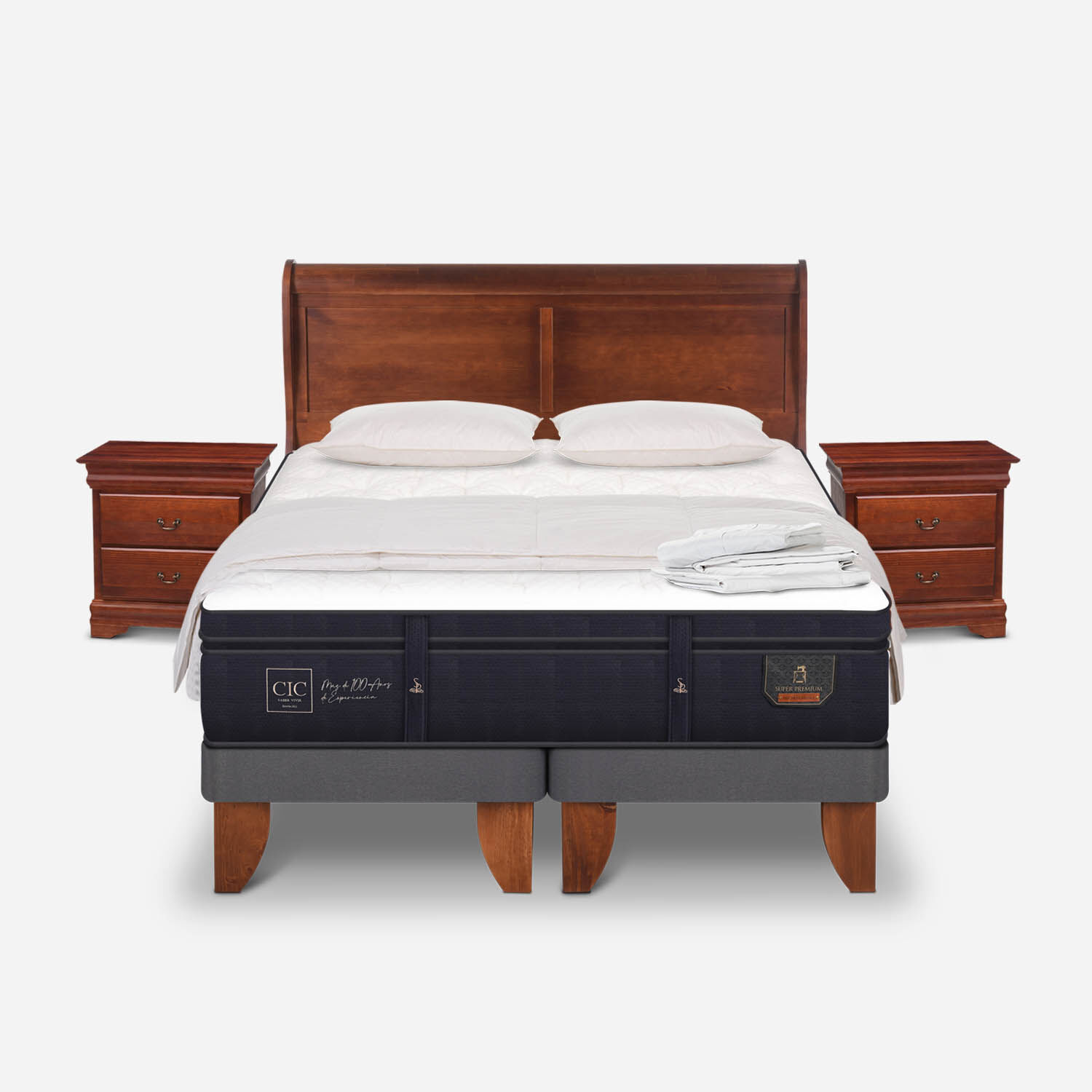 Cama Europea 2 Plazas Super Premium Base Dividida + Almohadas + Plumón + Set Miró Caramel