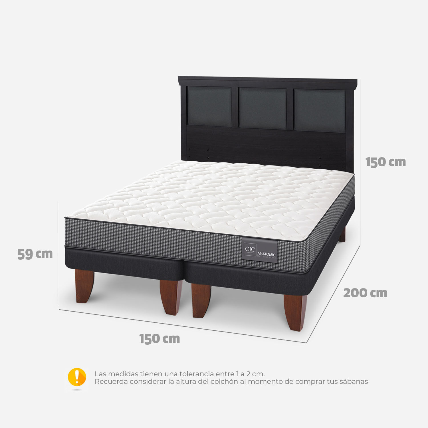 Cama Europea 2 Plazas Anatomic Base Dividida + Respaldo Torino Negro