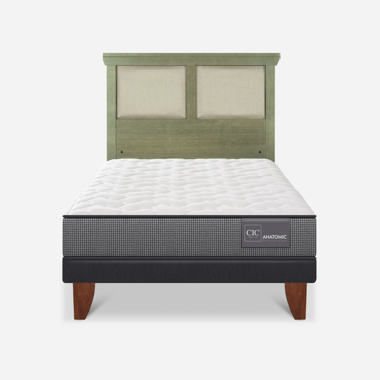 Cama Europea 1,5 Plazas Anatomic + Respaldo Torino Olivo
