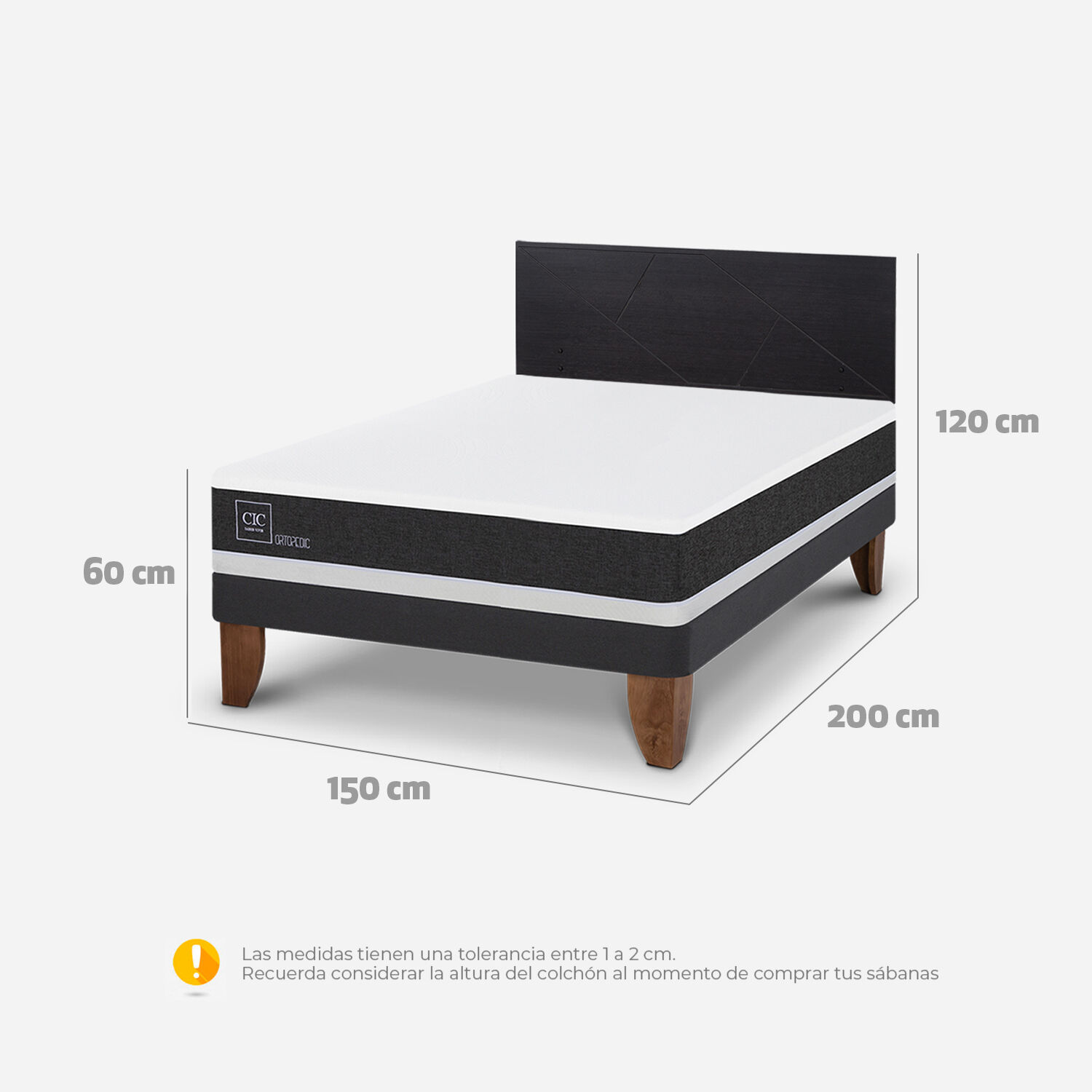 Cama Europea 2 Plazas Ortopedic Base Normal + Respaldo Villarrica Negro