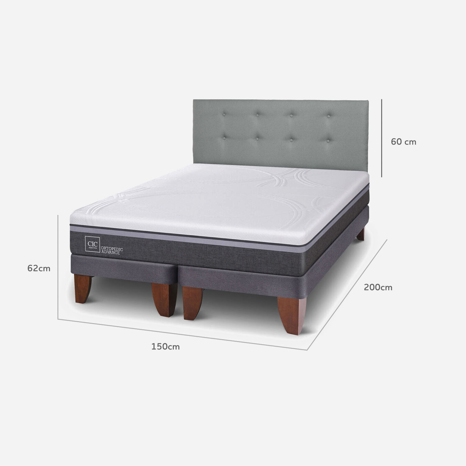 Cama Europea 2 Plazas Ortopedic Advance Base Dividida + Respaldo Tapizado Gris