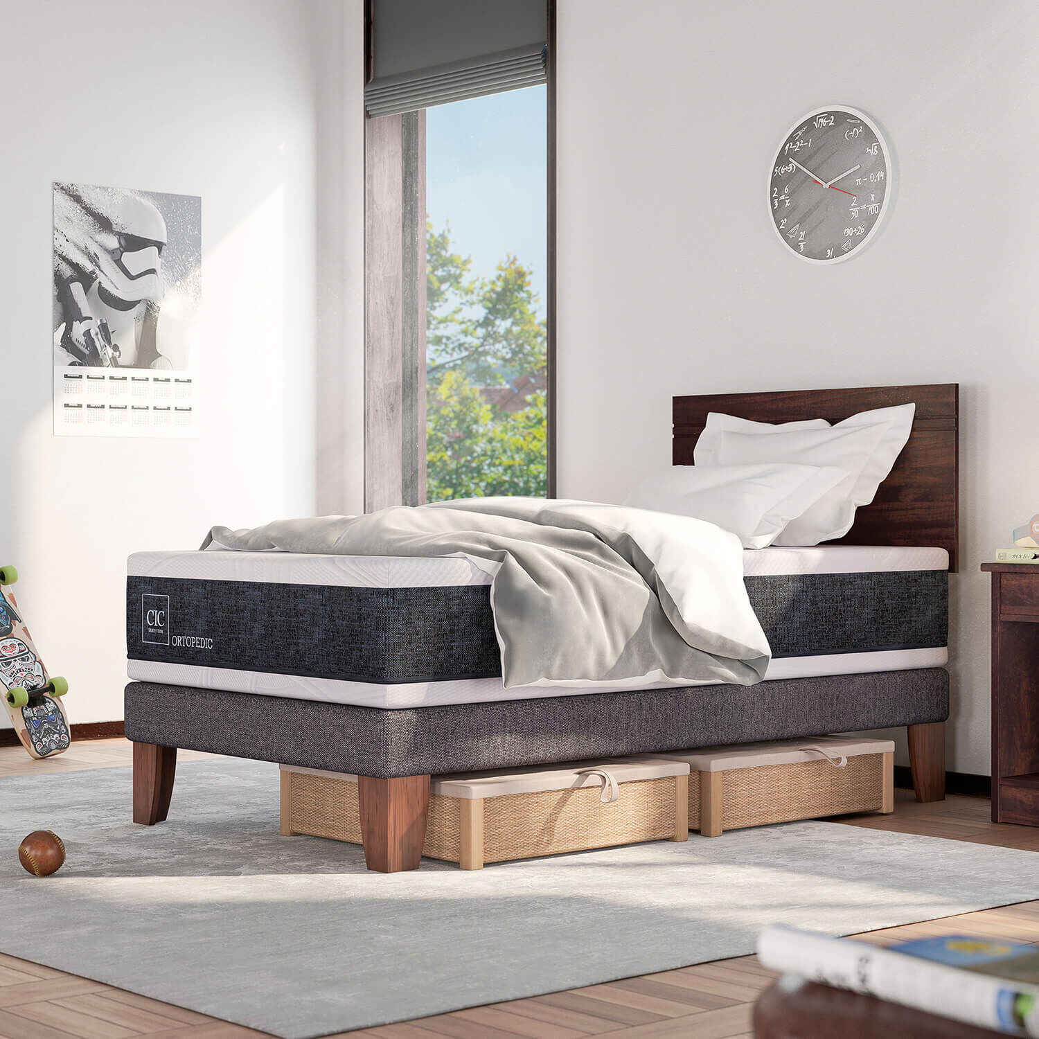 Cama Europea 1,5 Plazas Ortopedic + Velador Gales Caramel