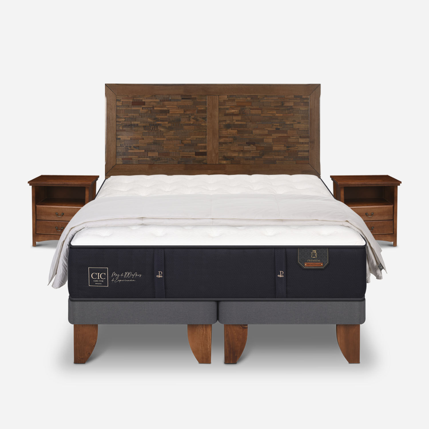 Cama Europea 2 Plazas Base Dividida Premium + Set Antique + Plumón 15% Pluma de Ganso