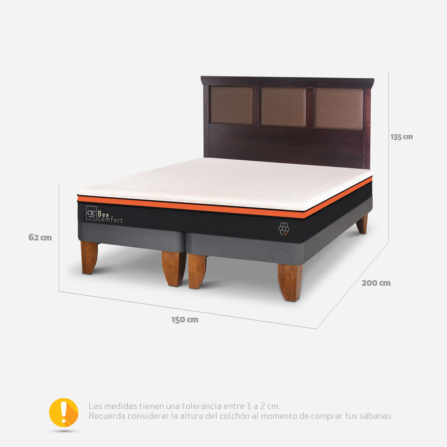 Cama Europea 2 Plazas Bee Comfort Base Dividida + Respaldo Torino Chocolate