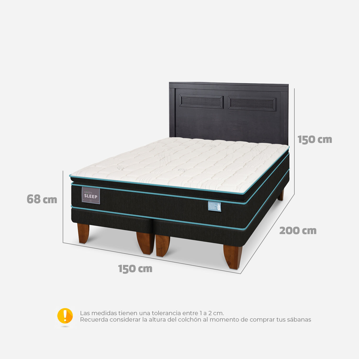 Cama Europea 2 Plazas Green Sleep Base Dividida + Respaldo Milán Negro