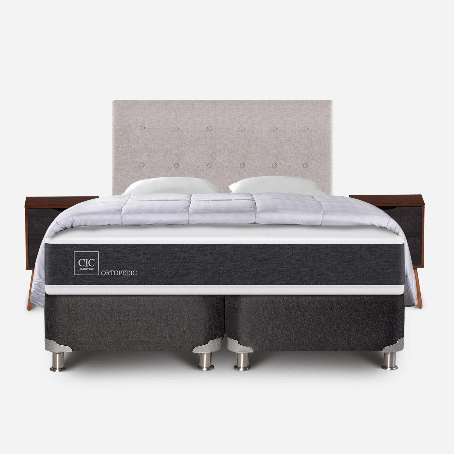 Box Spring 2 Plazas Ortopedic Base Dividida 5 Zonas + Almohadas + Plum&oacute;n + Set Tigris