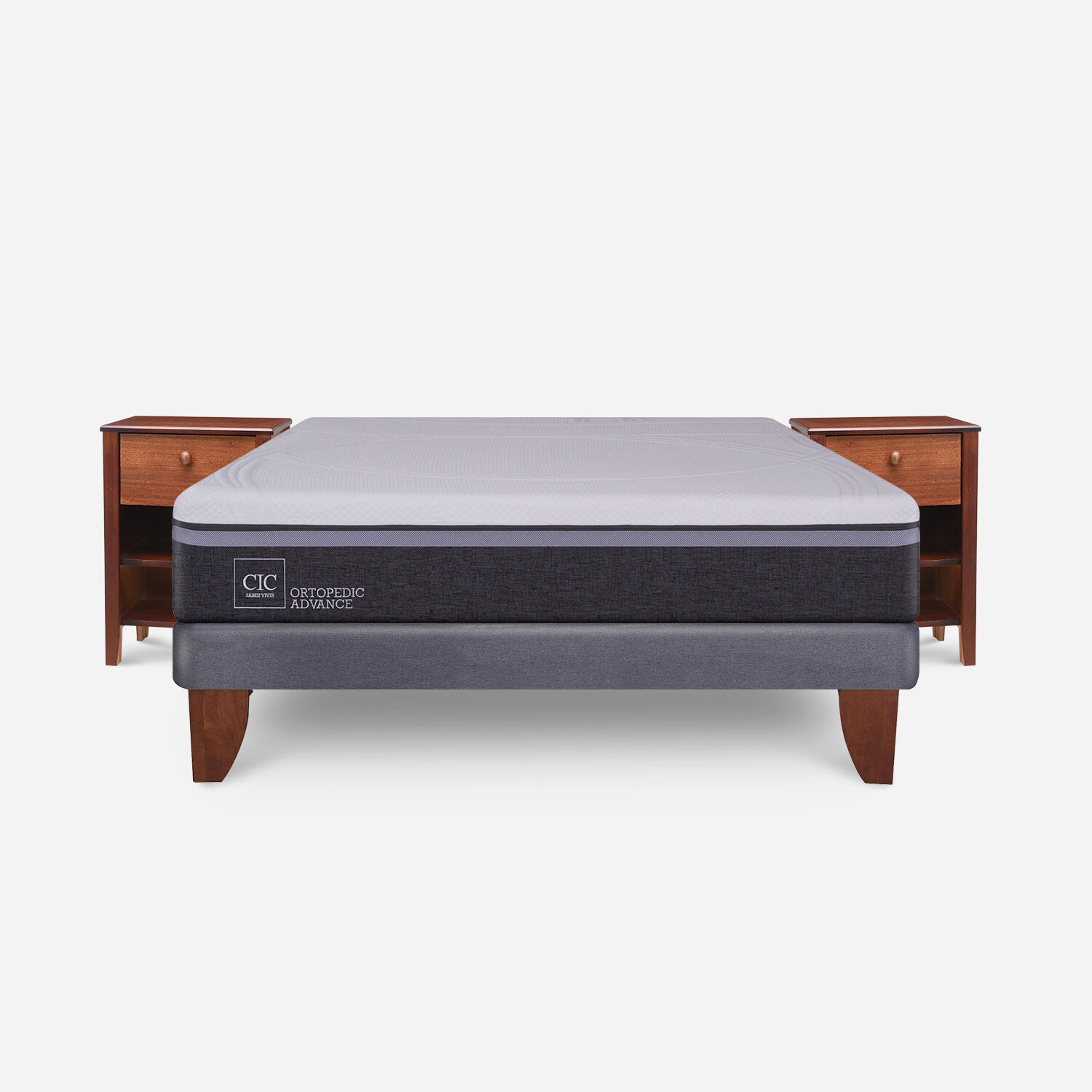 Cama Europea 2 Plazas Ortopedic Advance Base Normal + Veladores Torino Caramel