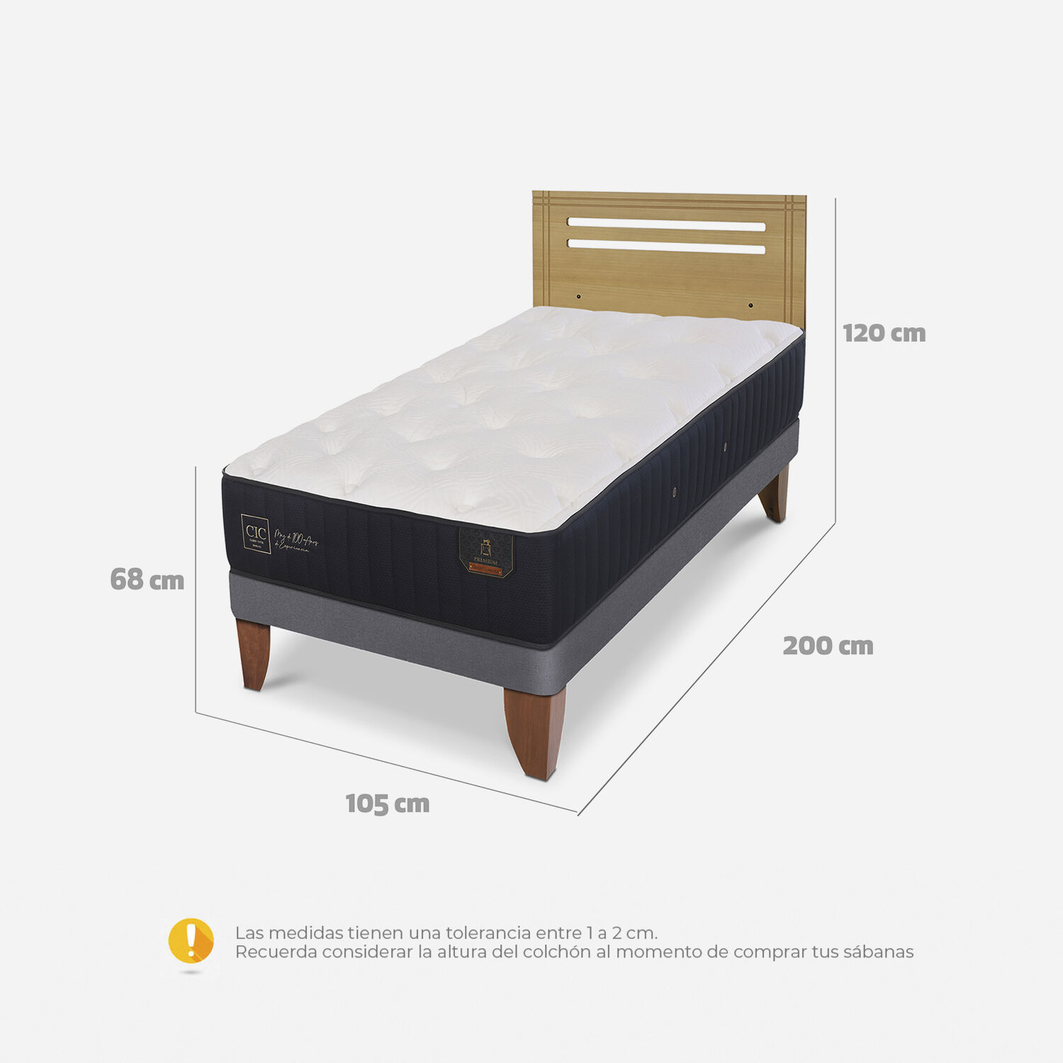 Cama Europea 1,5 Plazas Premium + Respaldo Múnich Mostaza