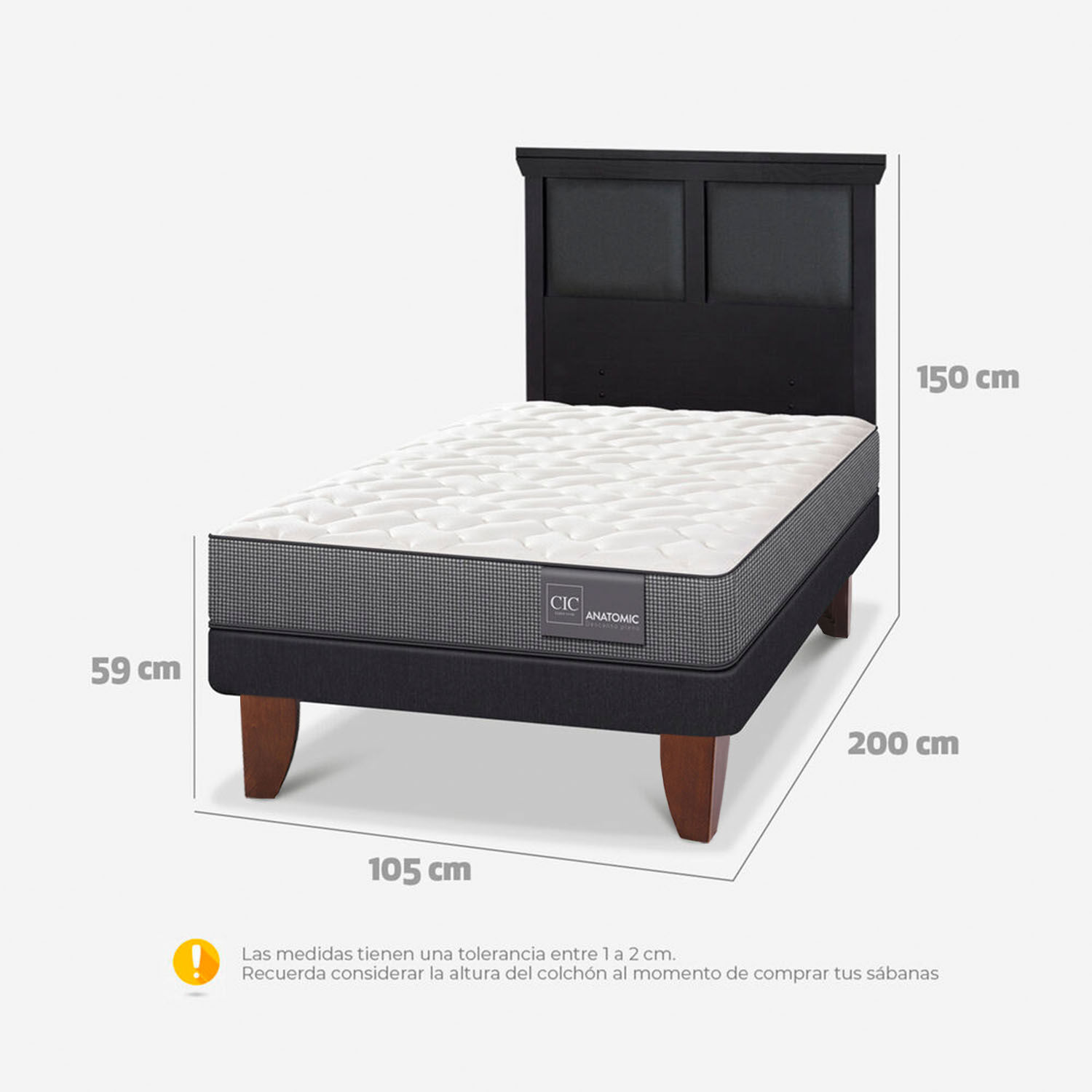 Cama Europea 1,5 Plazas Anatomic + Respaldo Torino Negro