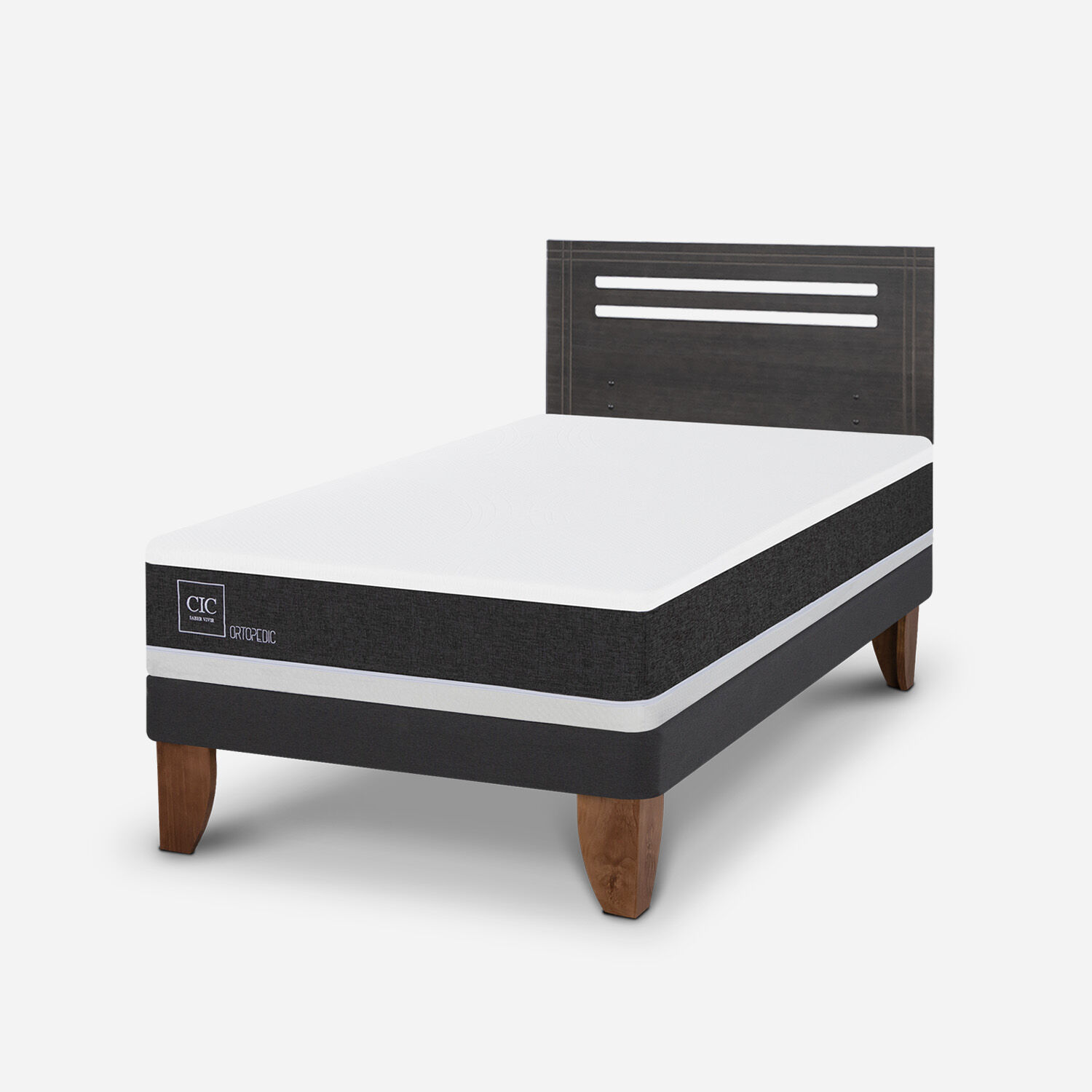 Cama Europea 1,5 Plazas Ortopedic + Respaldo Múnich Gris