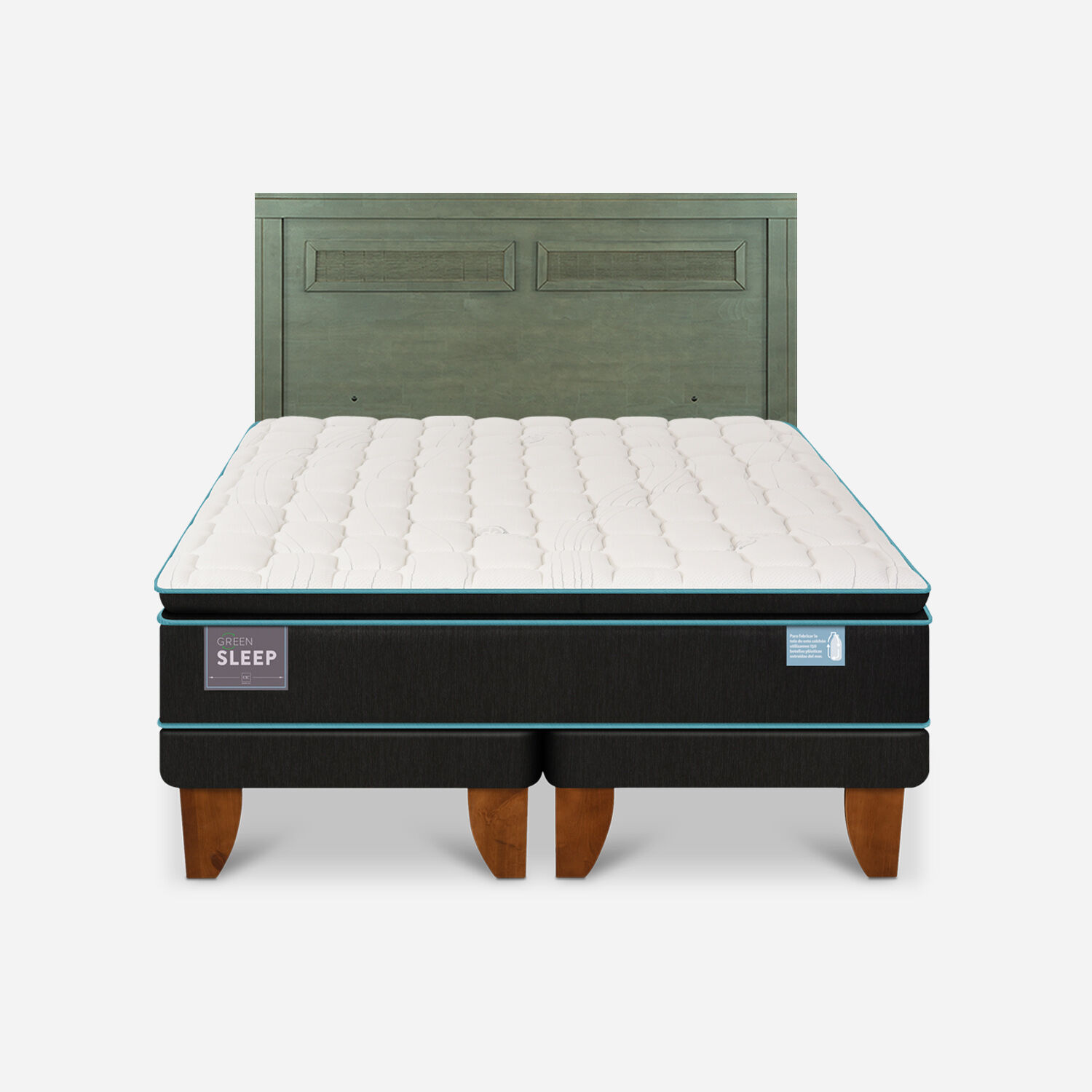 Cama Europea King Green Sleep + Respaldo Mil&aacute;n Olivo