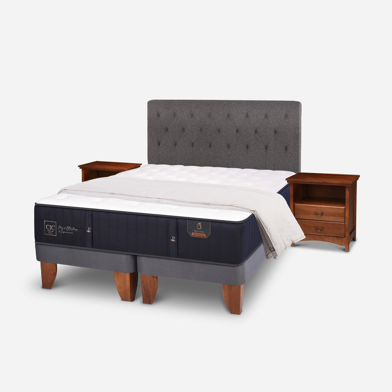 Cama Europea King Premium + Set Kaveri + Plum&oacute;n 15% Pluma de Ganso