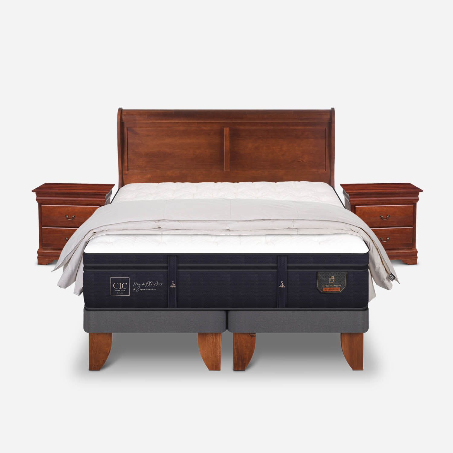 Cama Europea King Super Premium + Set Mir&oacute; Caramel + Almohadas 100% de Pluma de Ganso