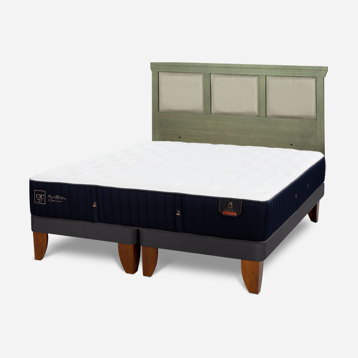 Cama Europea 2 Plazas Premium Base Dividida + Respaldo Torino Olivo