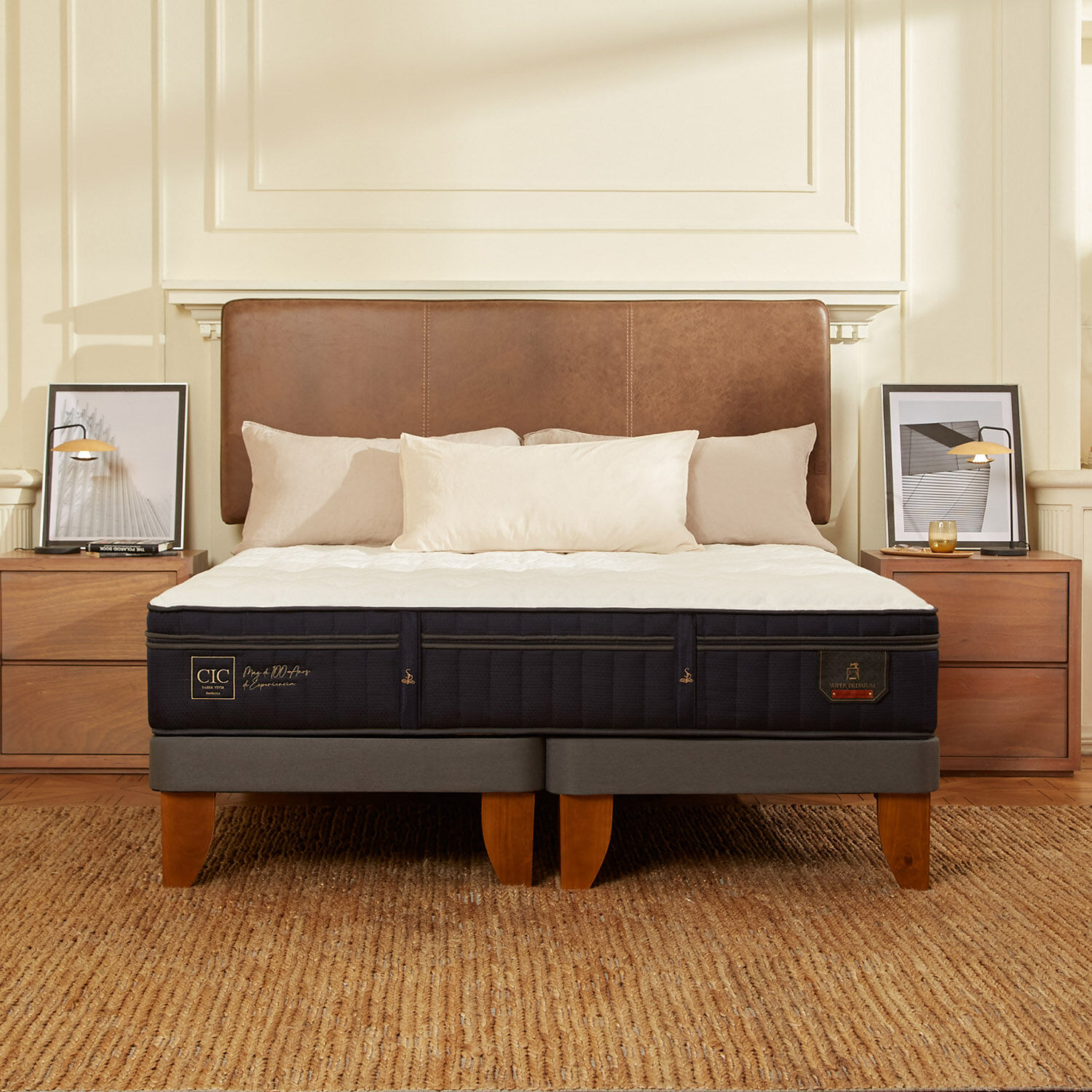 Cama Europea 2 Plazas Super Premium Base Dividida + Set Villarrica Gris