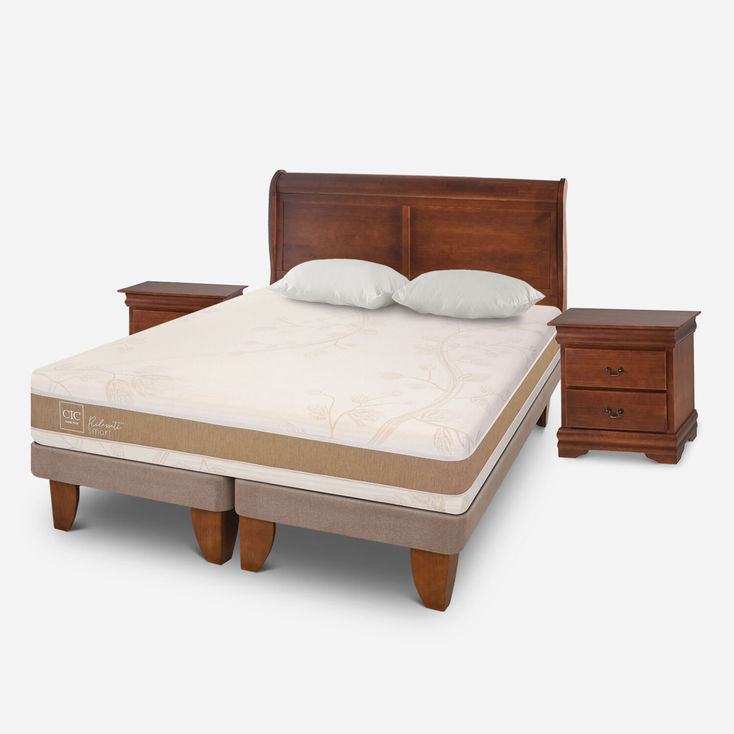 Cama Europea King Rilassati Infinity Base Dividida + Set Mir&oacute; Caramel + Almohadas Viscoel&aacute;sticas