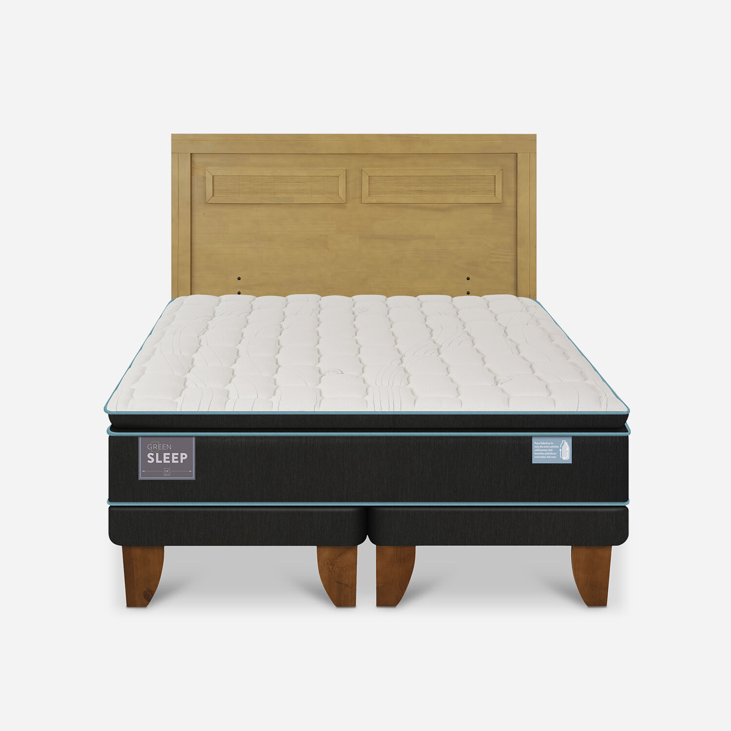 Cama Europea King Green Sleep + Respaldo Mil&aacute;n Mostaza