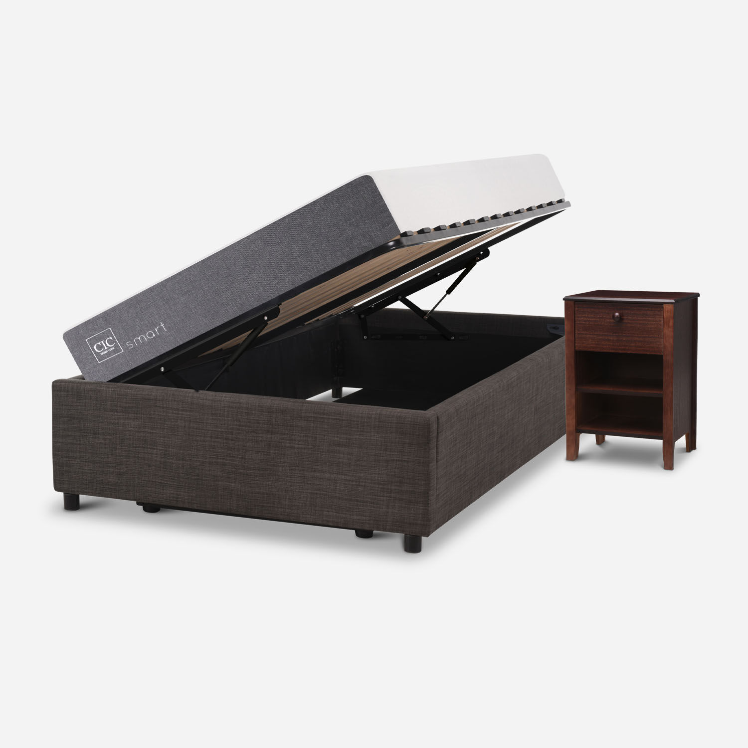 Cama Space Box 1,5 Plazas Smart + Velador Torino Chocolate