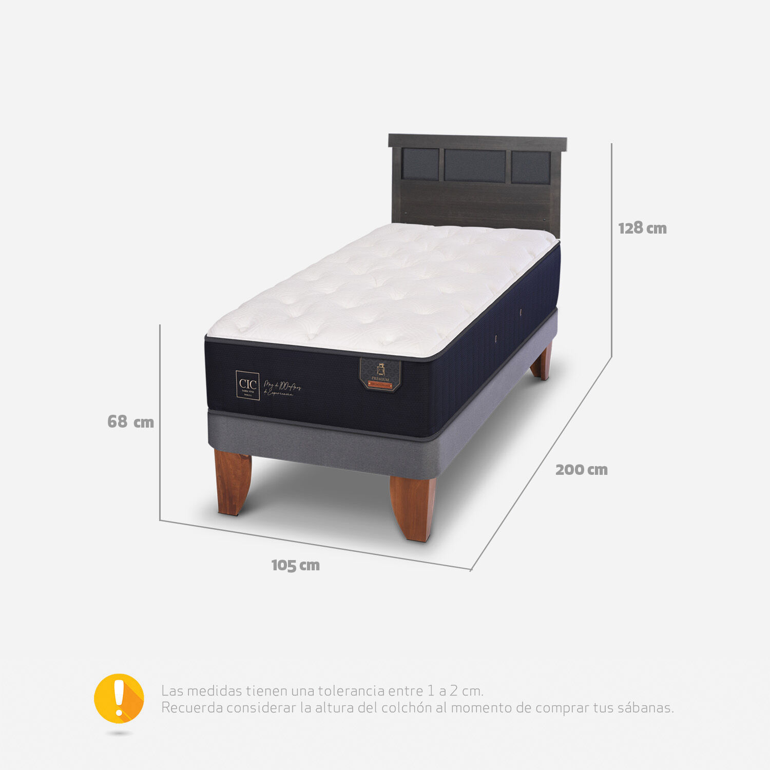 Cama Europea 1,5 Plazas Premium + Respaldo Dublín Gris