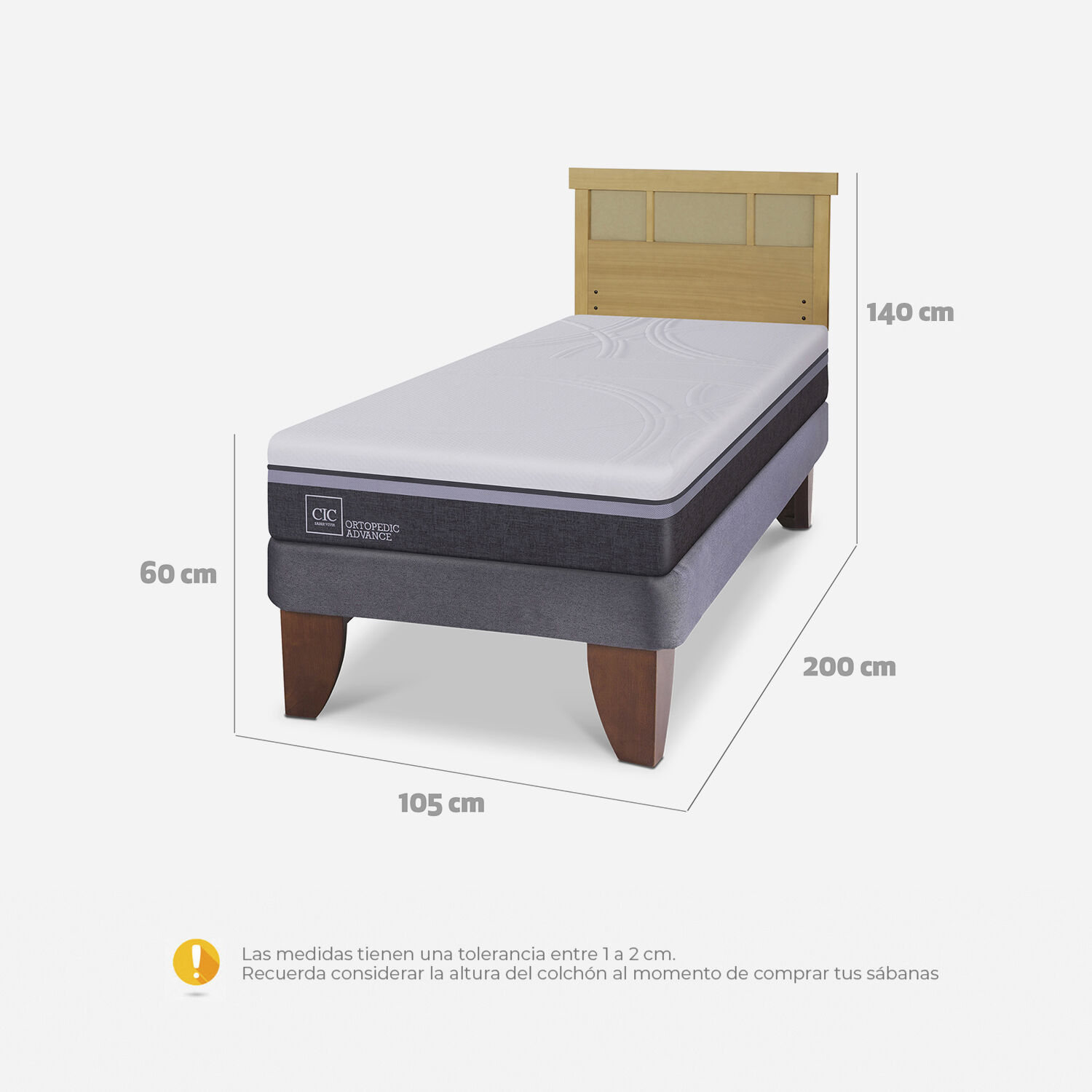 Cama Europea 1,5 Plazas Ortopedic Advance + Respaldo Dublín Mostaza