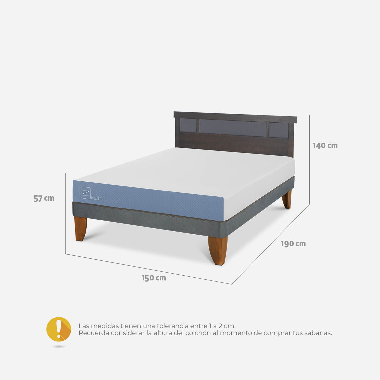 Cama Europea 2 Plazas Excellence Base Normal + Respaldo Dubl&iacute;n Gris
