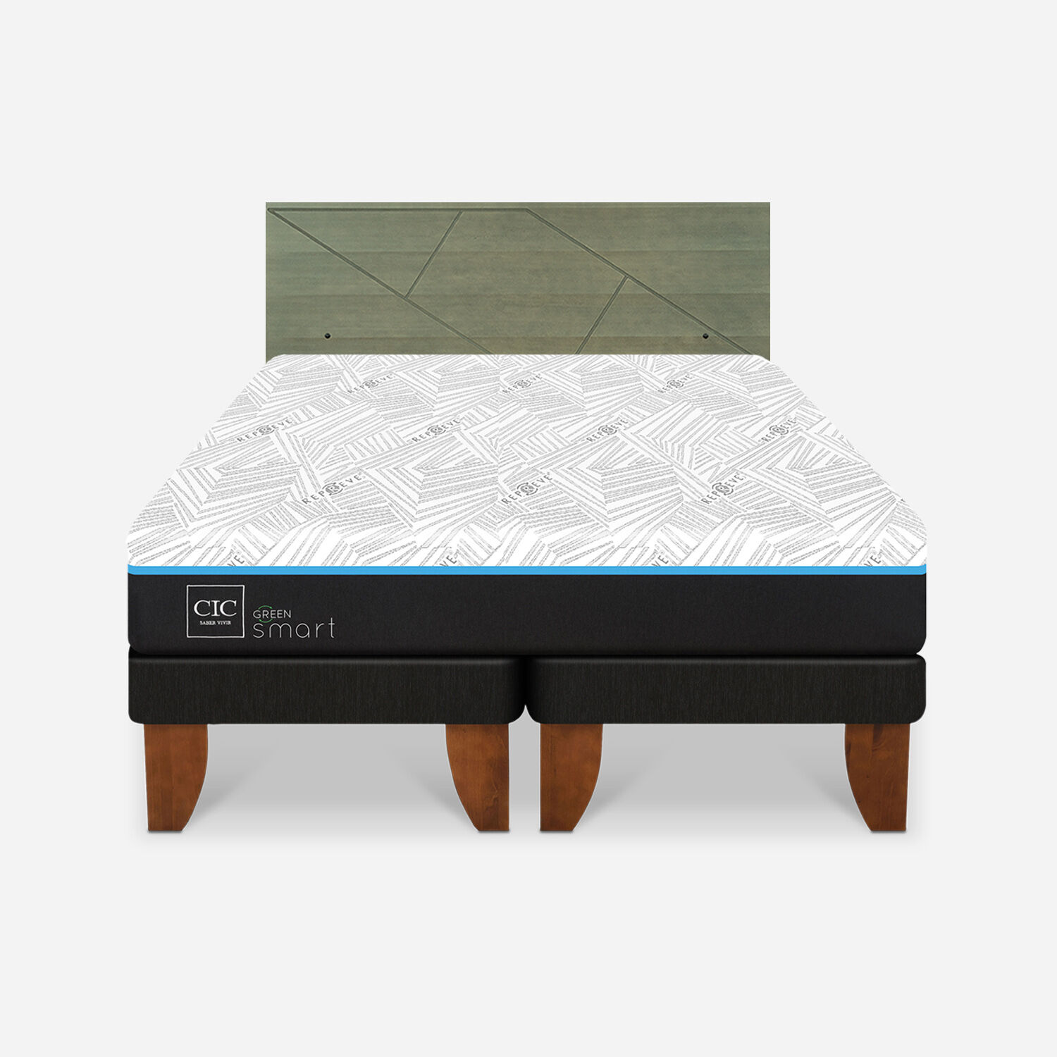 Cama Europea King Green Infinity + Respaldo Villarrica Olivo