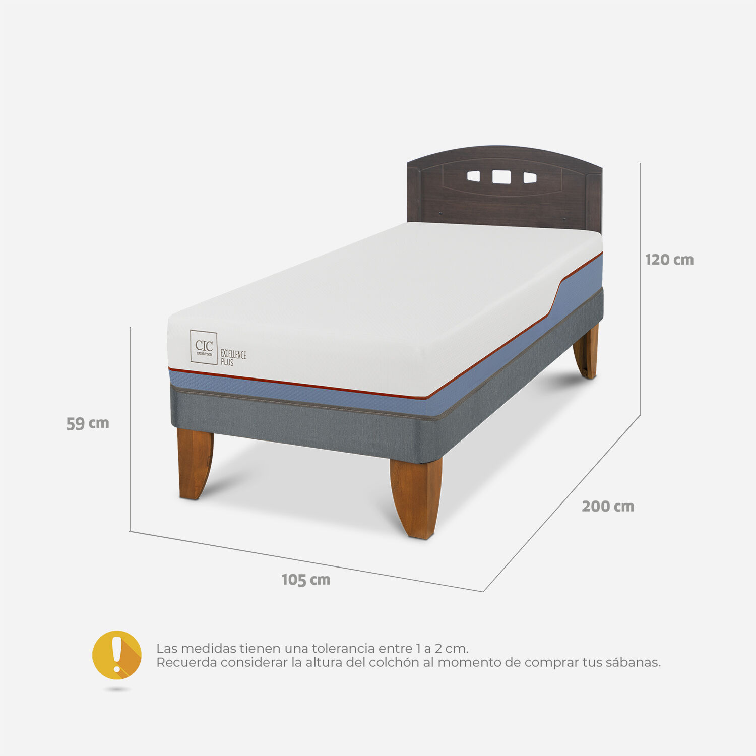 Cama Europea 1,5 Plazas Excellence Plus + Respaldo Gales Gris