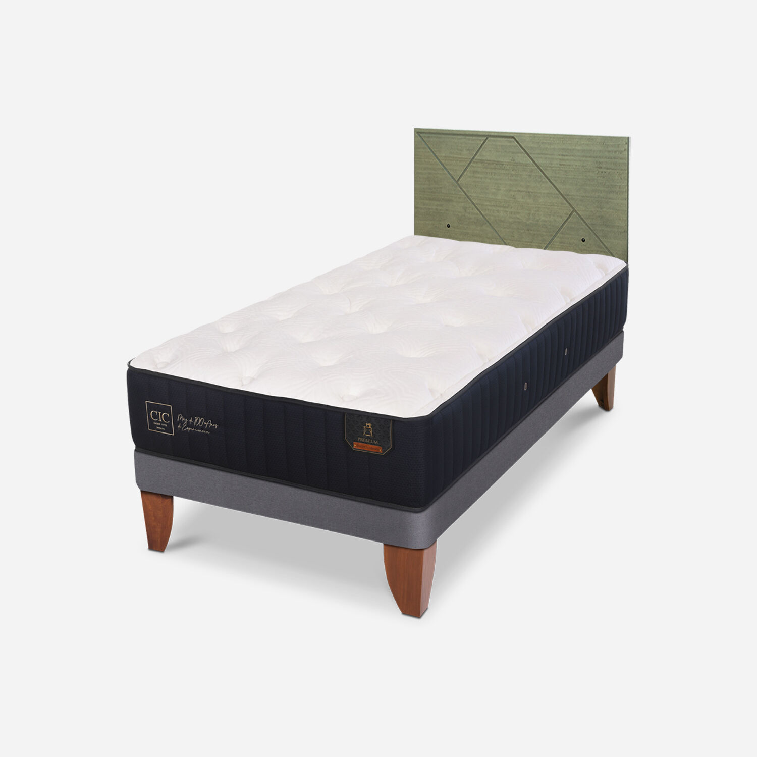 Cama Europea 1,5 Plazas Premium + Respaldo Villarrica Olivo