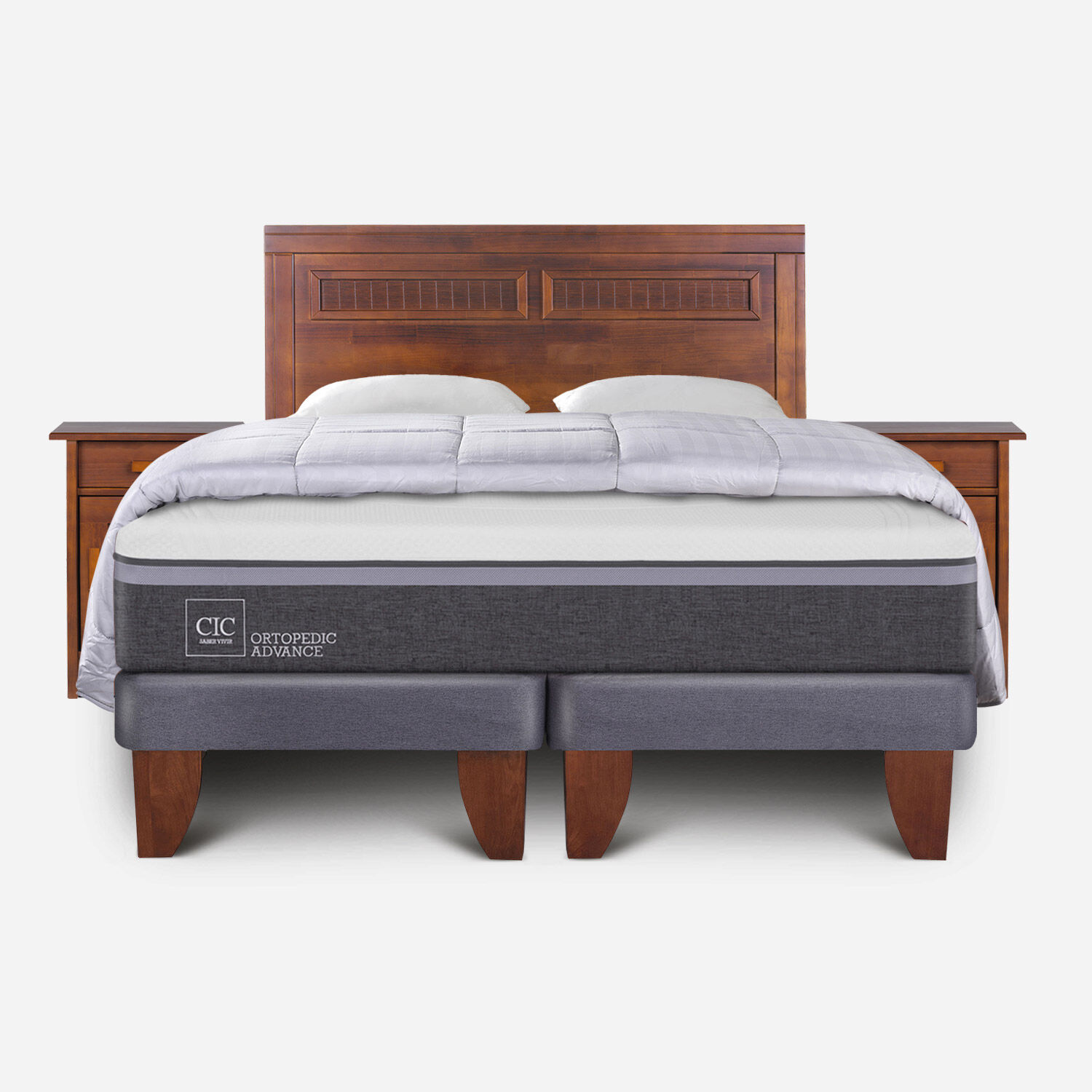 Cama Europea 2 Plazas Ortopedic Advance Base Dividida + Set Mil&aacute;n Caramel + Almohadas + Plum&oacute;n