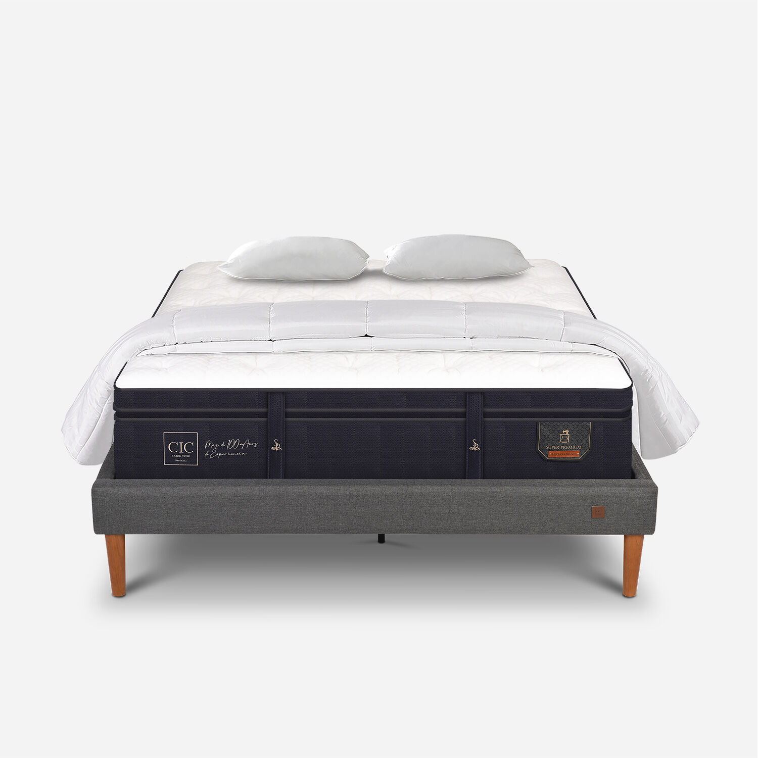 Cama Europea Curve 2 Plazas Super Premium + Almohadas Viscoel&aacute;sticas + Plum&oacute;n