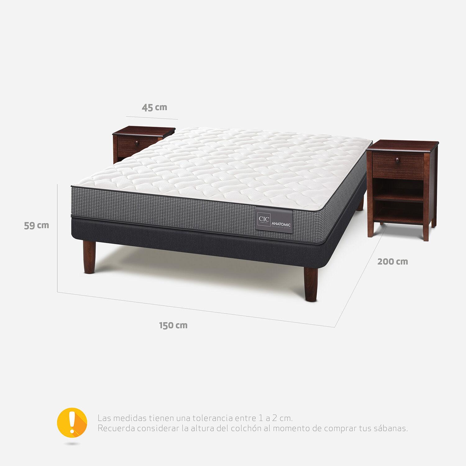 Cama Europea 2 Plazas Base Normal Anatomic + Veladores Torino Choc