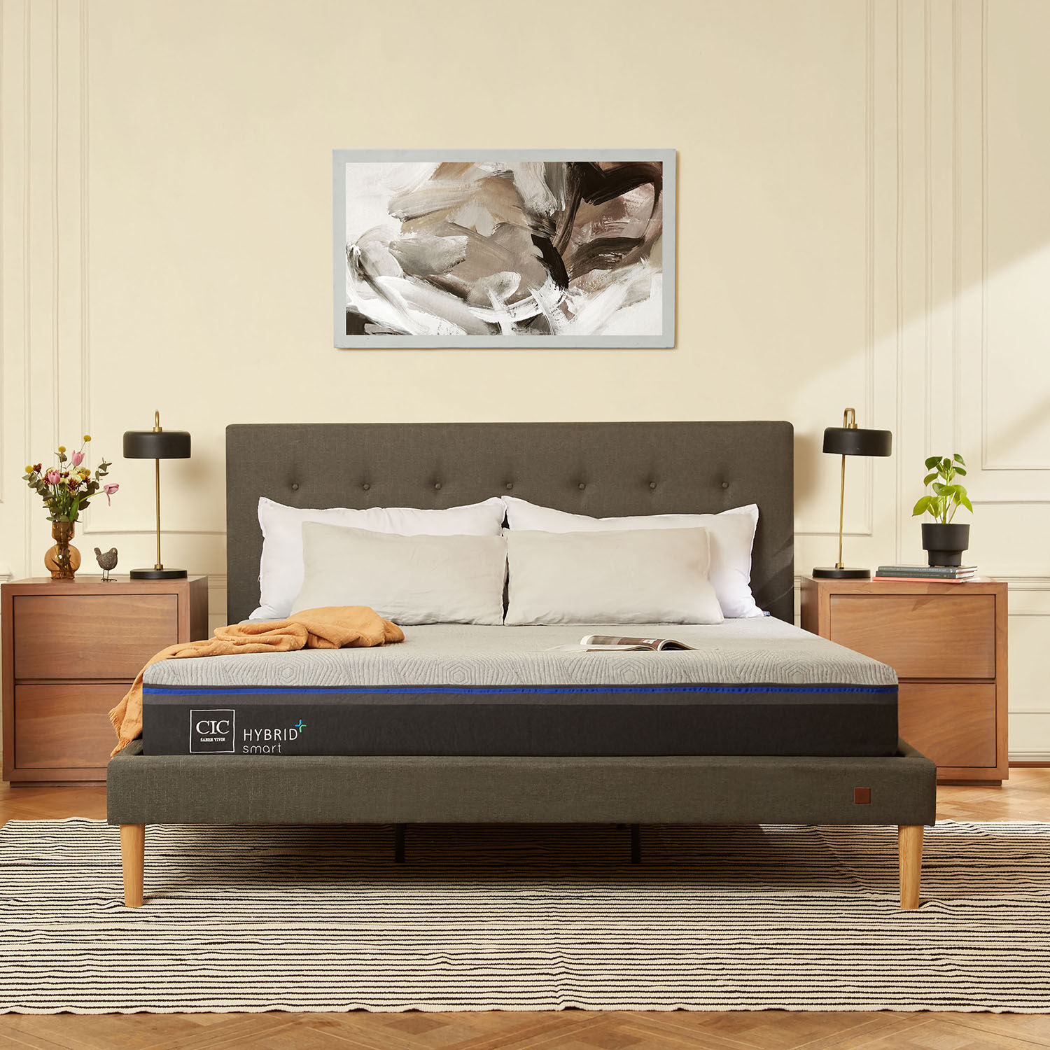 Cama Europea 2 Plazas Hybrid Plus Smart Base Dividida + Set Munich Gris
