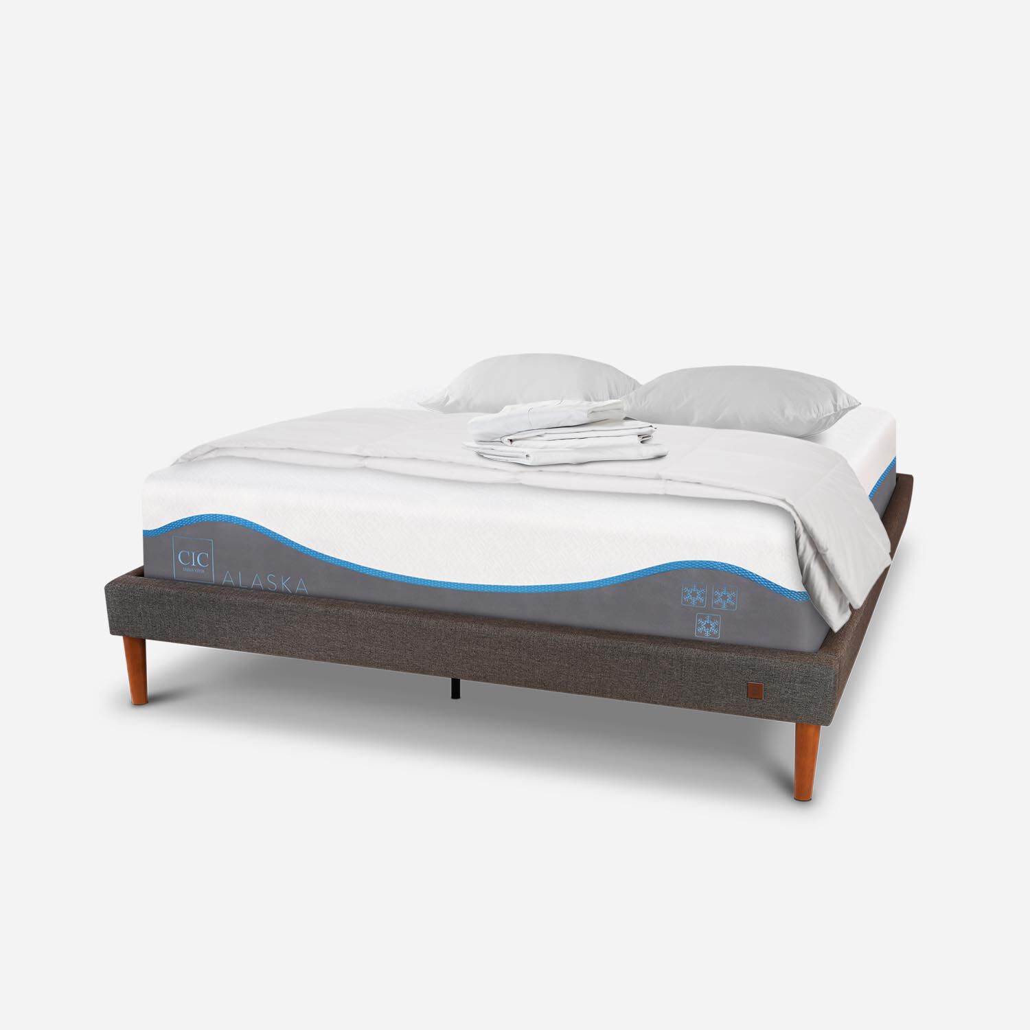 Cama Europea Curve 2 Plazas Alaska + Plum&oacute;n + S&aacute;banas + Almohadas Viscoel&aacute;sticass