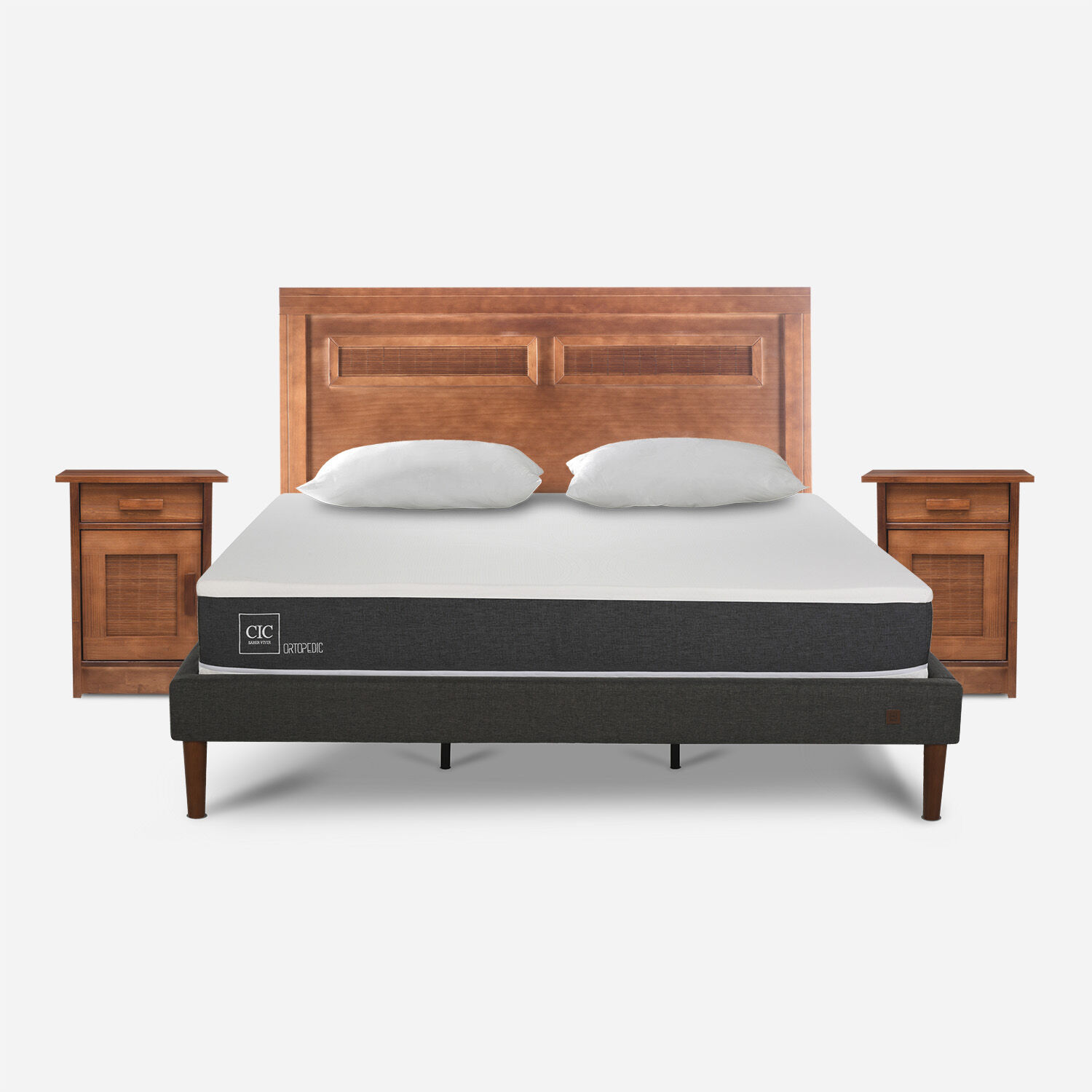 Cama Europea Curve King Ortopedic + Set Mil&aacute;n Caramel + Almohadas
