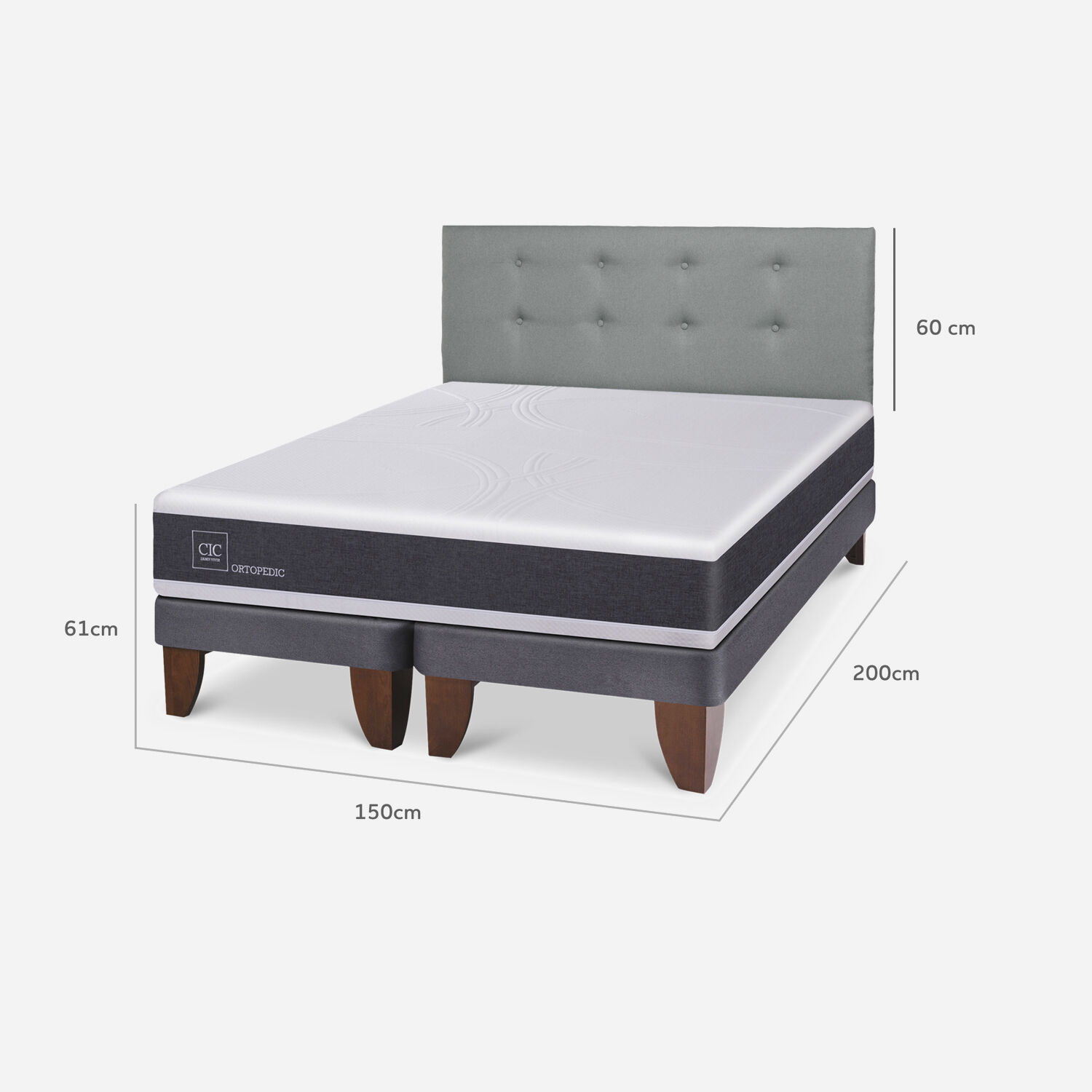 Cama Europea 2 Plazas New Ortopedic Base Dividida + Respaldo Tapizado Gris
