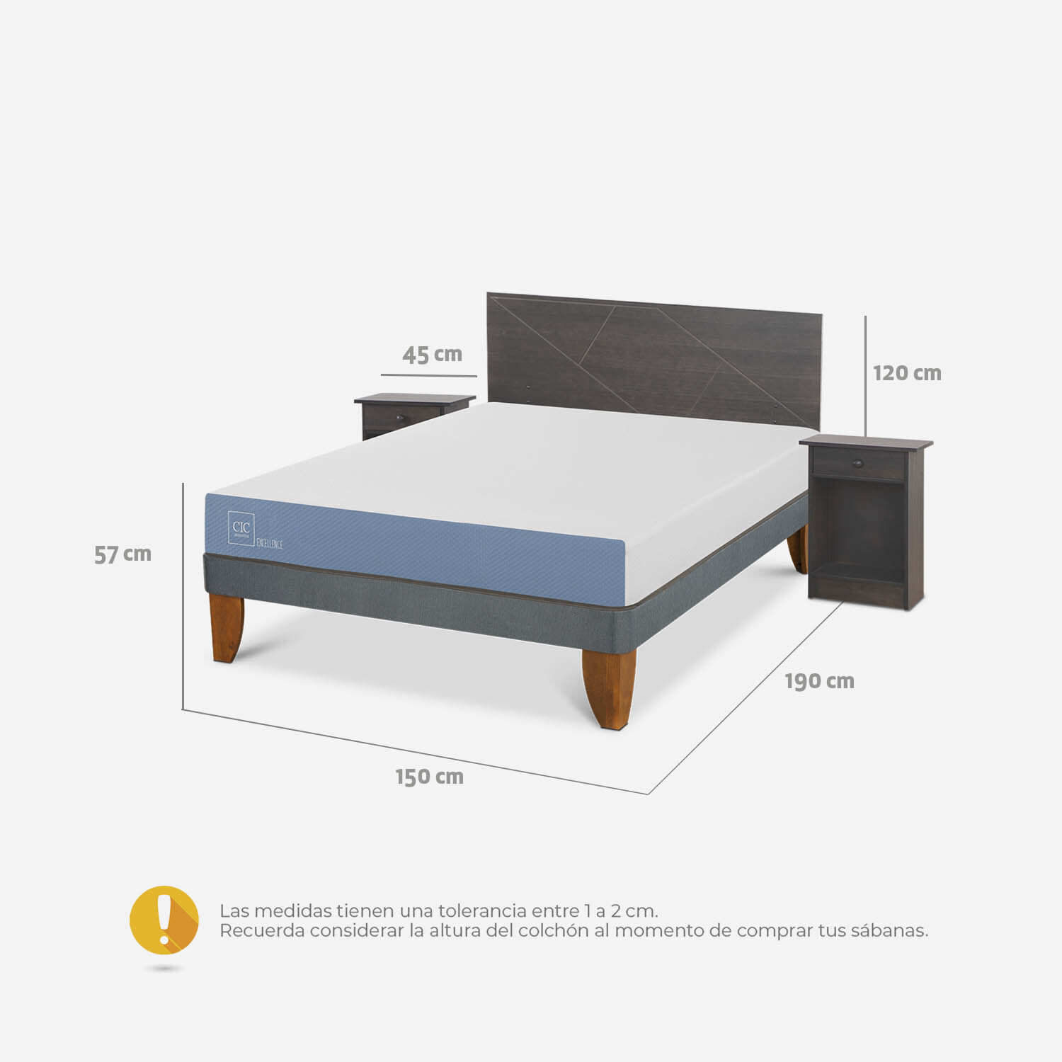 Cama Europea 2 Plazas Excellence Base Normal + Set Villarrica Gris