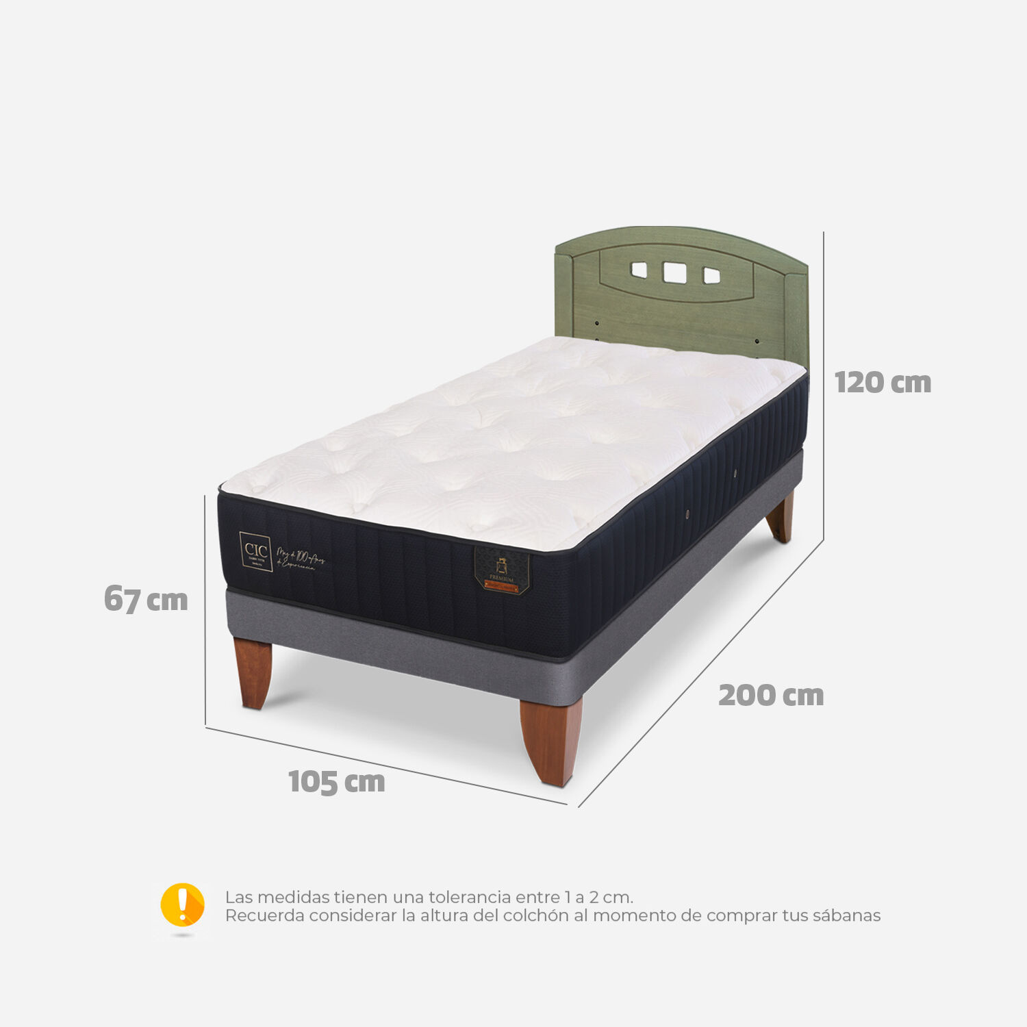 Cama Europea 1,5 Plazas Premium + Respaldo Gales Olivo