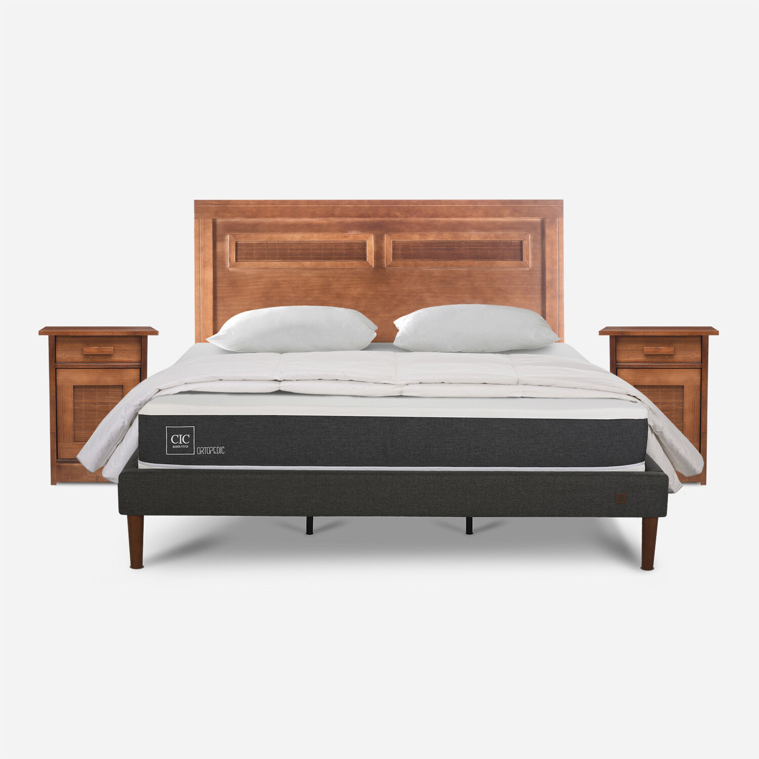 Cama Europea Curve King Ortopedic + Set Mil&aacute;n Caramel + Almohadas + Plum&oacute;n