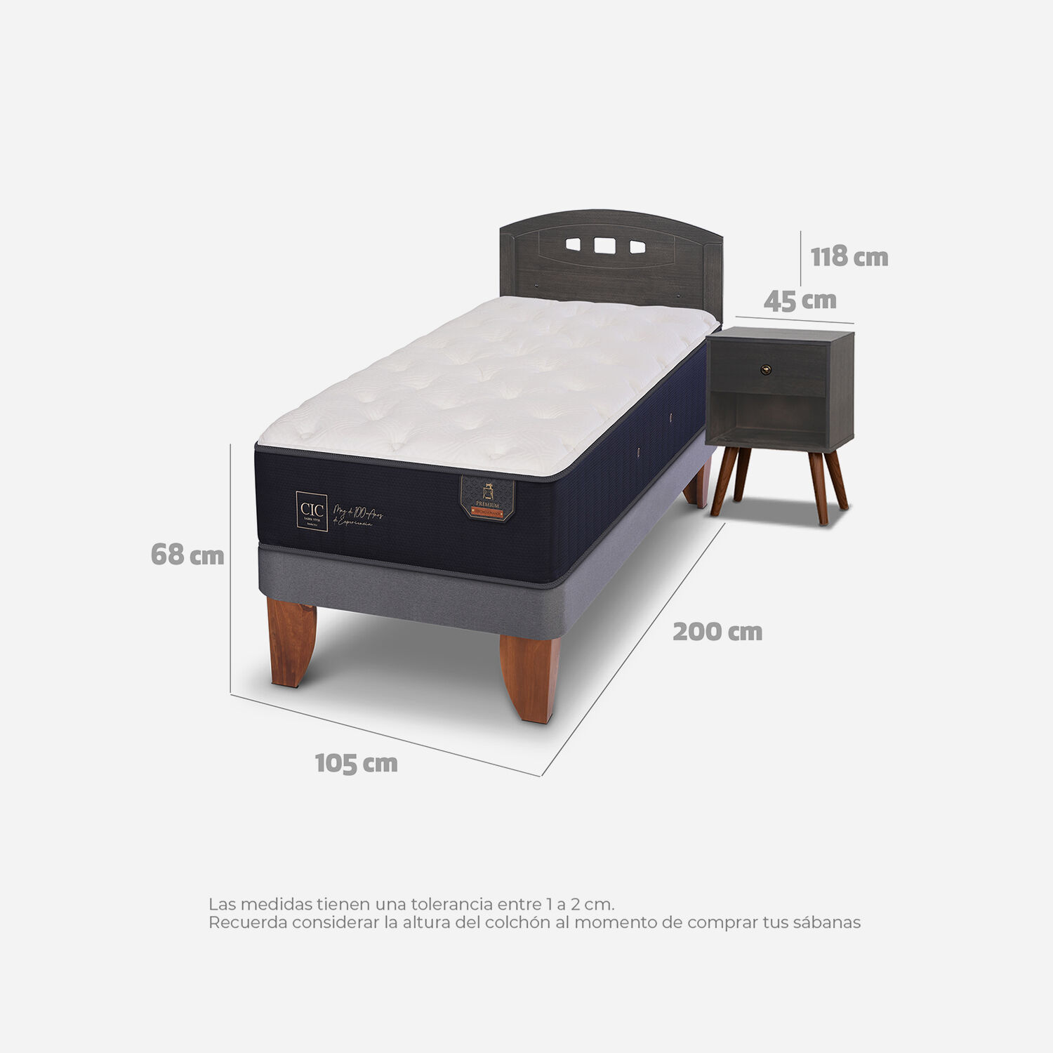 Cama Europea 1,5 Plazas Premium Set Gales Gris