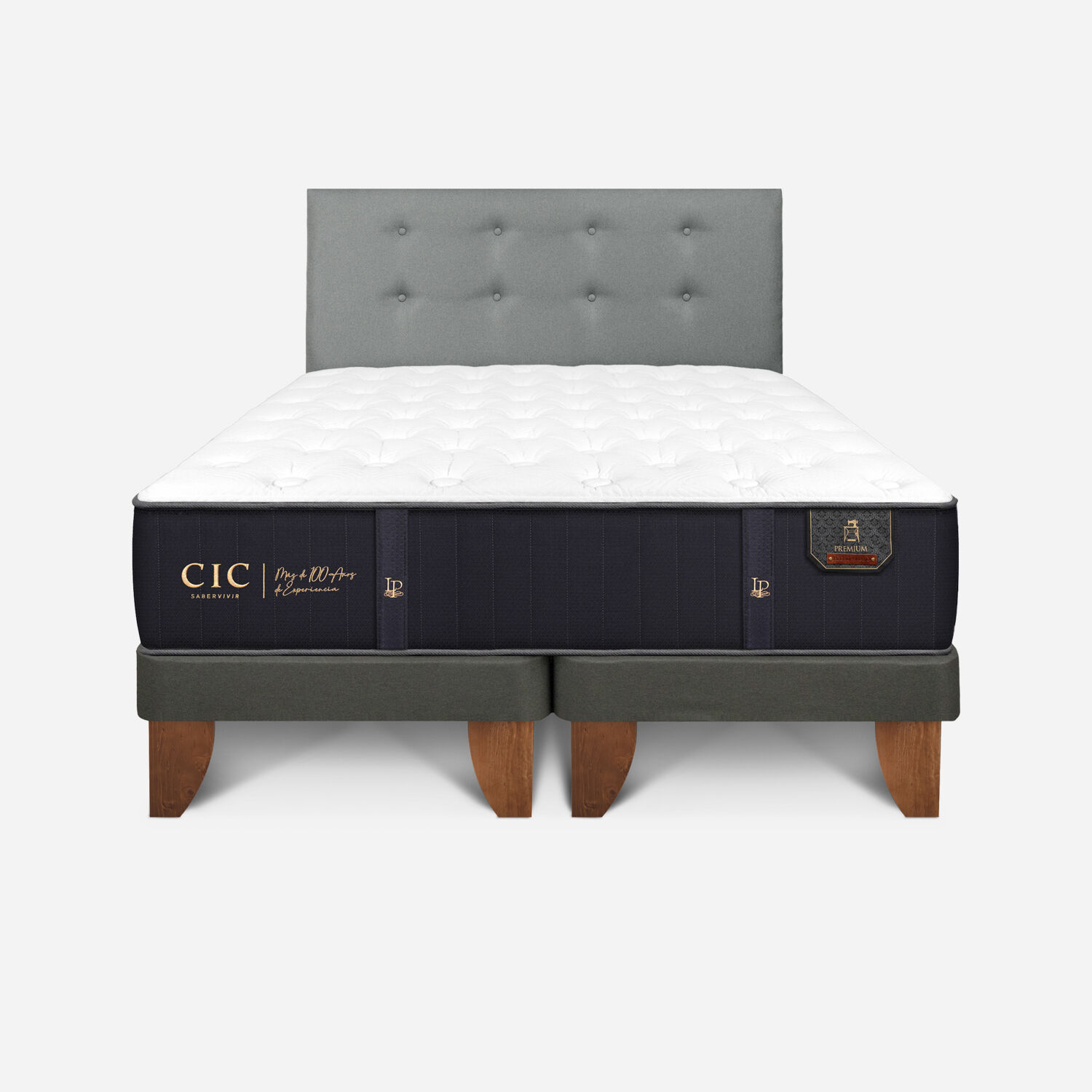 Cama Europea 2 Plazas Premium Base Dividida + Respaldo Tapizado Gris