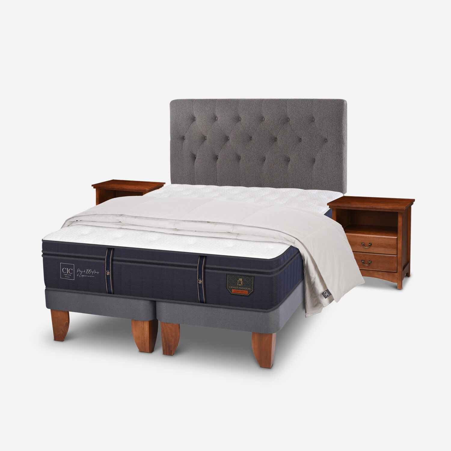 Cama Europea 2 Plazas Grand Premium Base Dividida + Set Kavery + Plum&oacute;n 100% Pluma de Ganso
