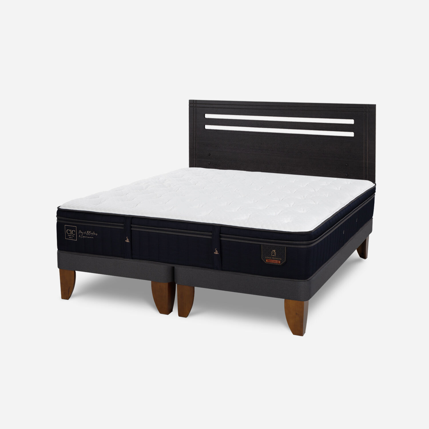 Cama Europea 2 Plazas Super Premium Base Dividida + Respaldo Múnich Negro
